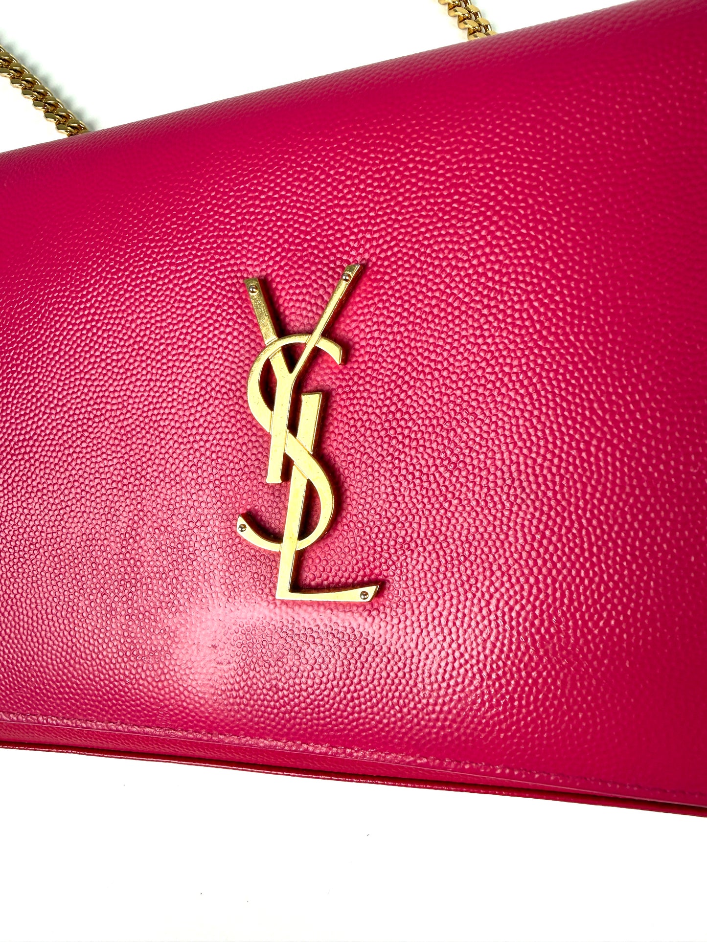 Saint Laurent YSL Kate Pink Grain de Poudre Leather Wallet on Chain