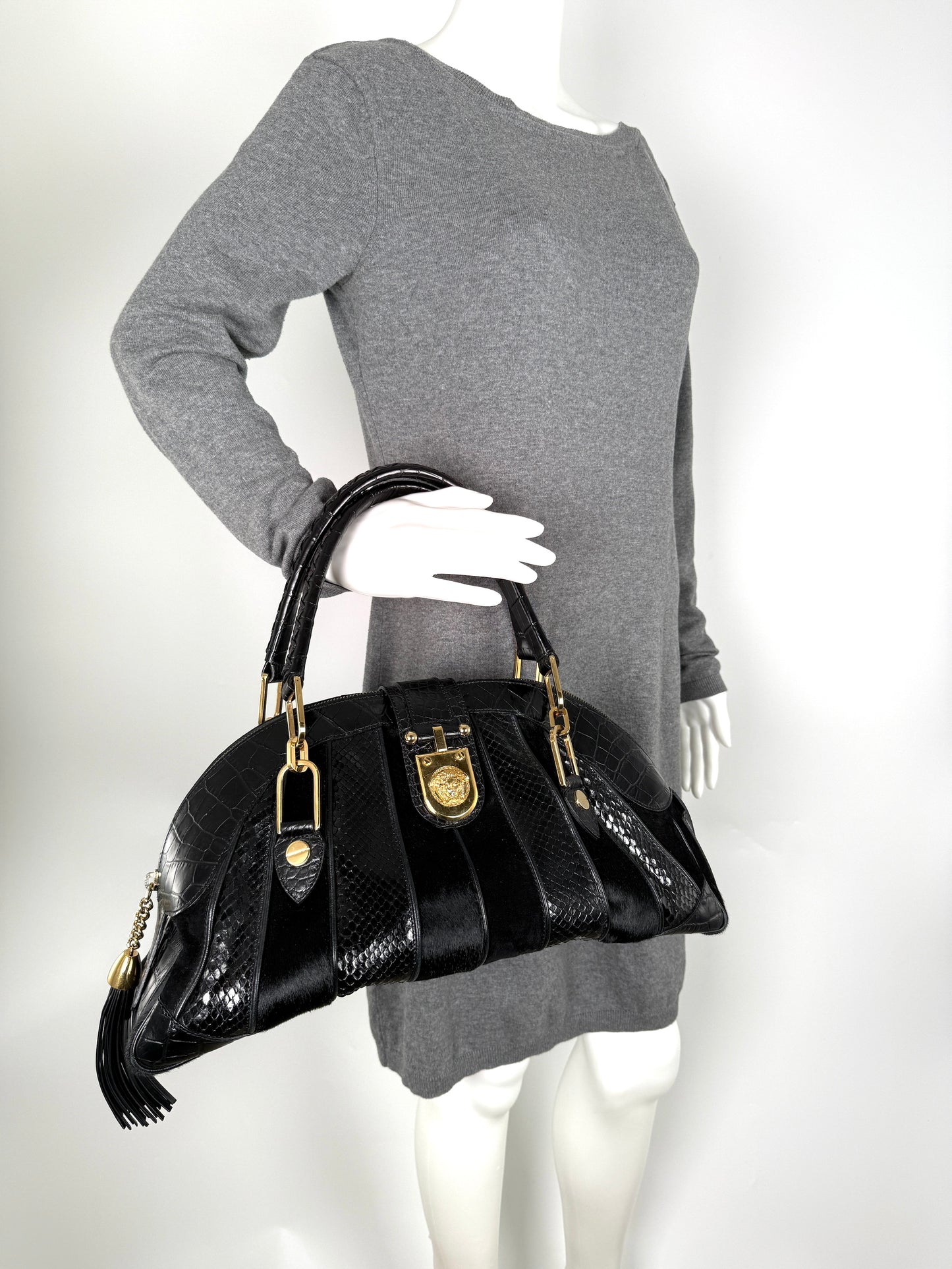 Vintage Versace Medusa Snakeskin Calfhair Suede Top Handle Satchel Black Dome Bag