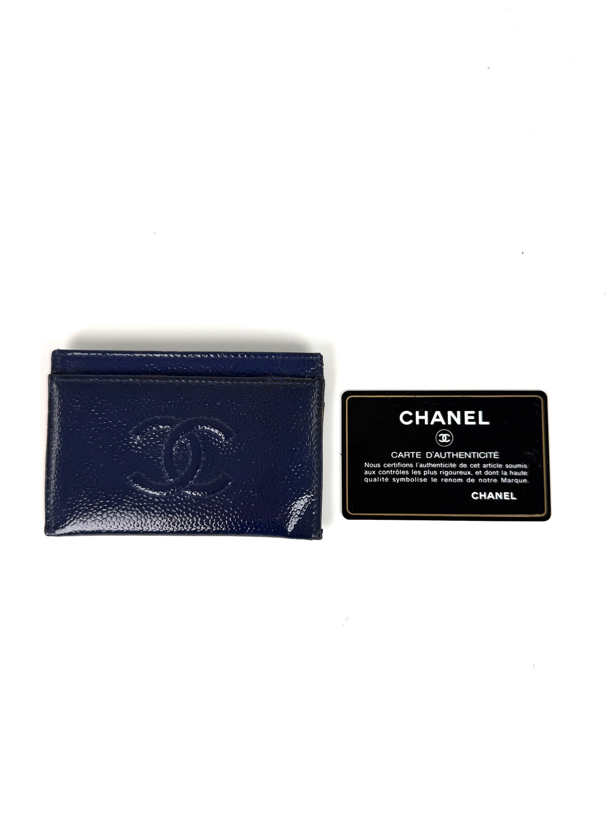 CHANEL Timeless CC Navy Blue Patent Leather Card Case 