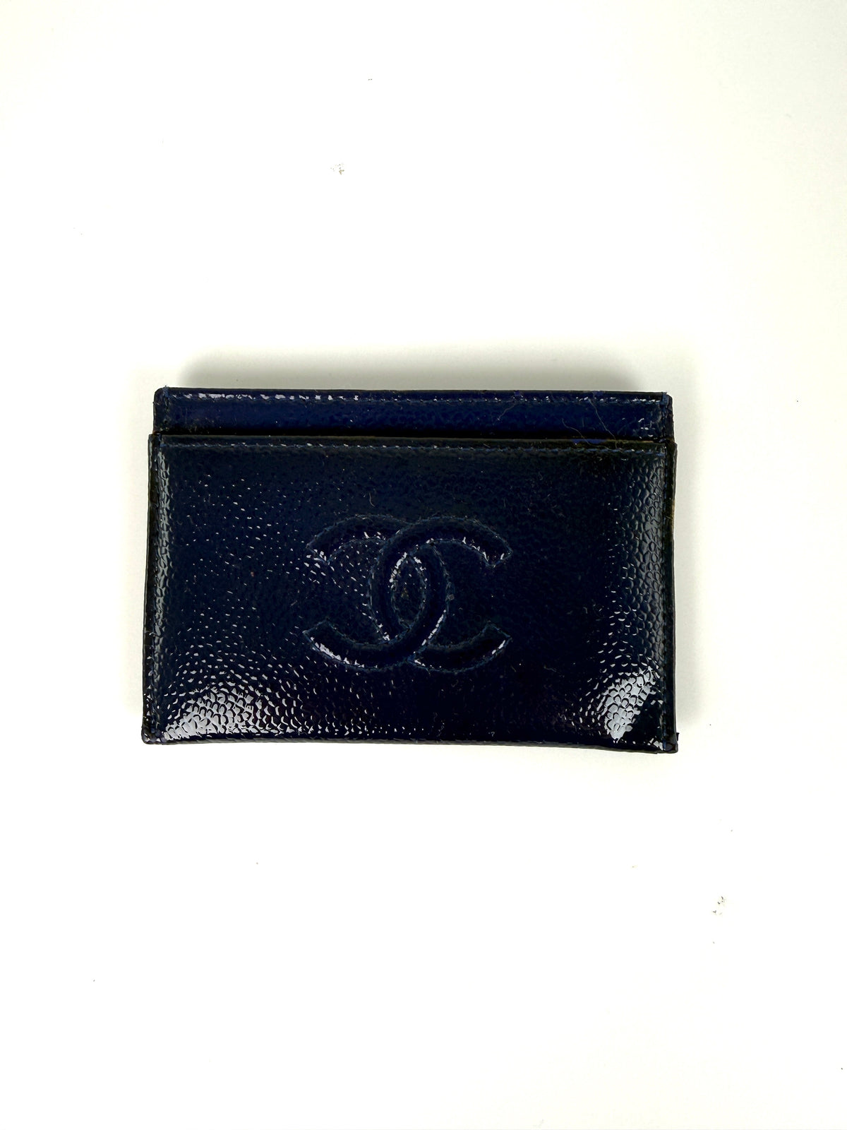 CHANEL Timeless CC Navy Blue Patent Leather Card Case 