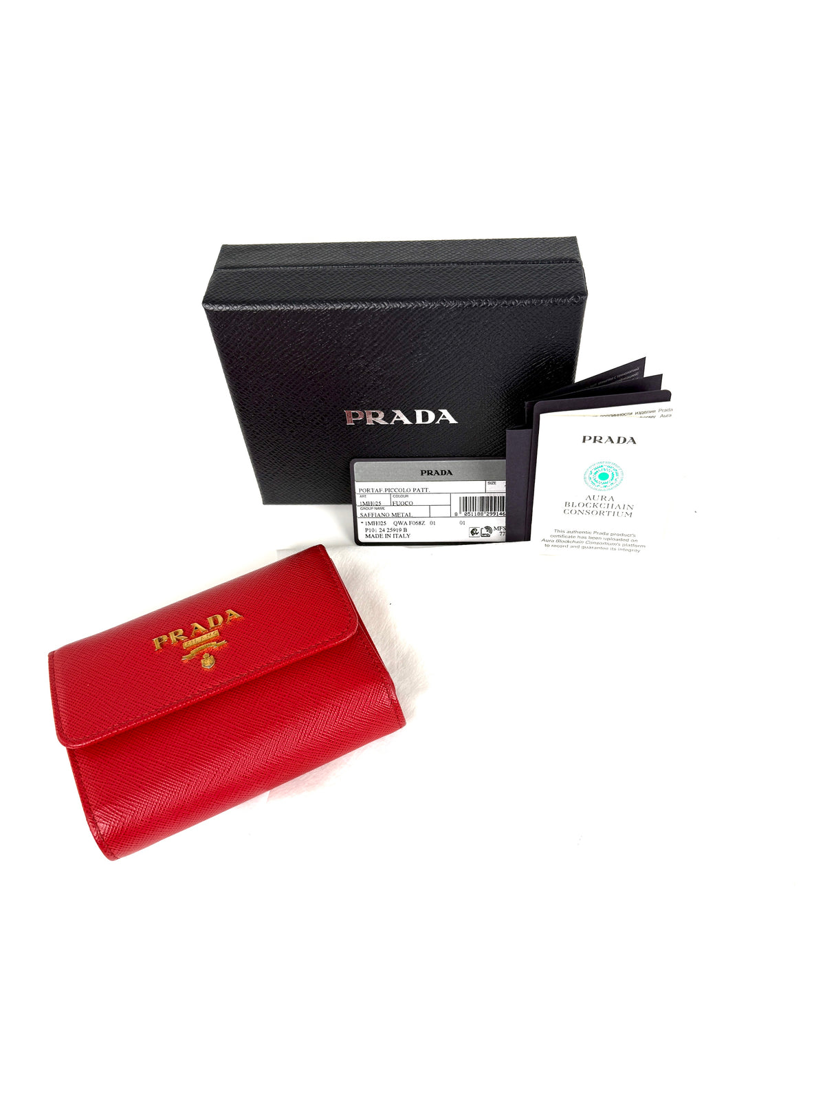 Prada Red 2025 Saffiano Leather Trifold Compact Flap Wallet 