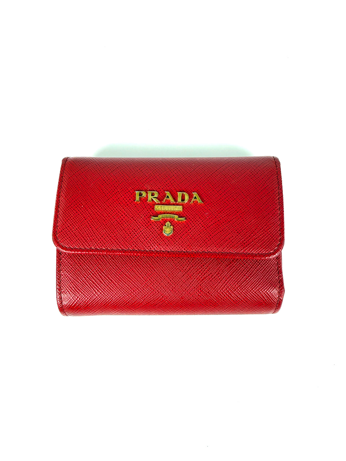 Prada Red 2025 Saffiano Leather Trifold Compact Flap Wallet 