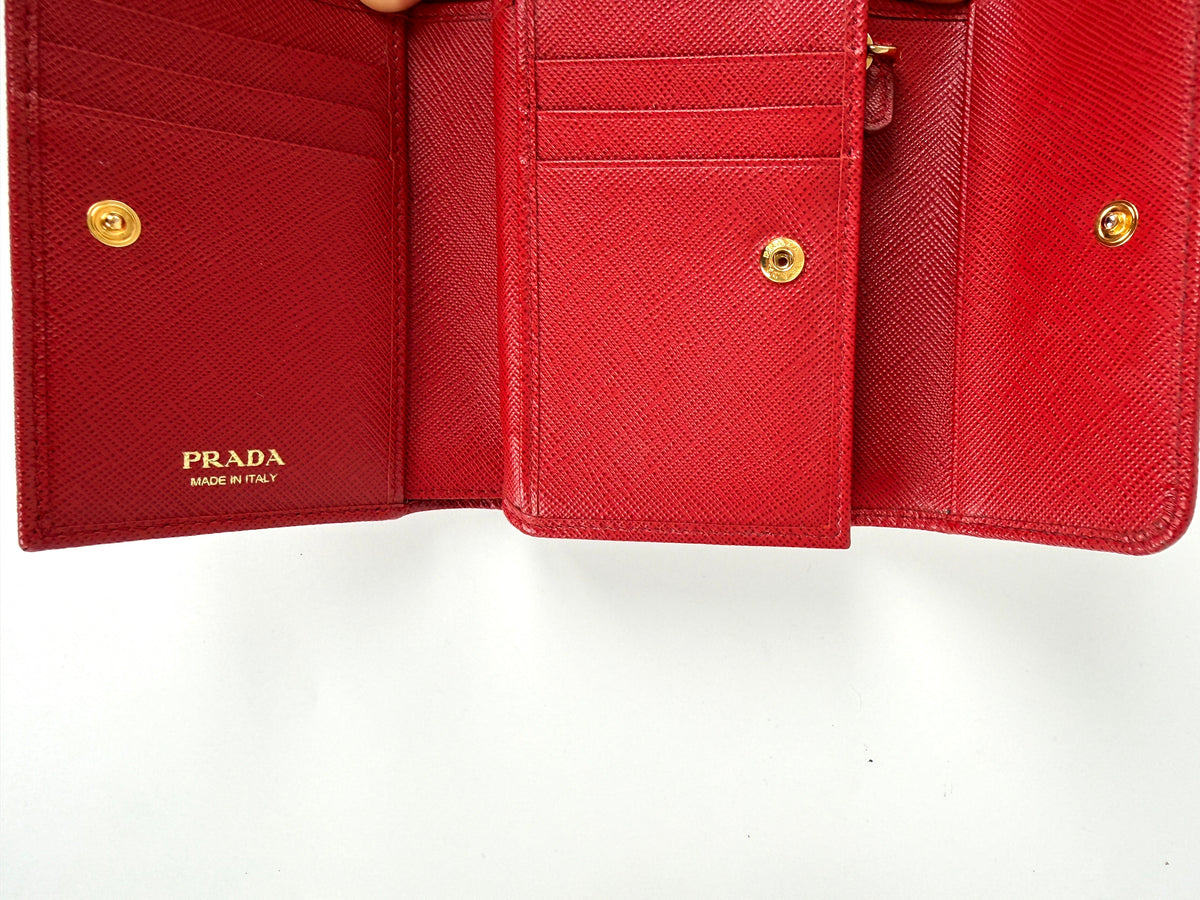 Prada Red 2025 Saffiano Leather Trifold Compact Flap Wallet