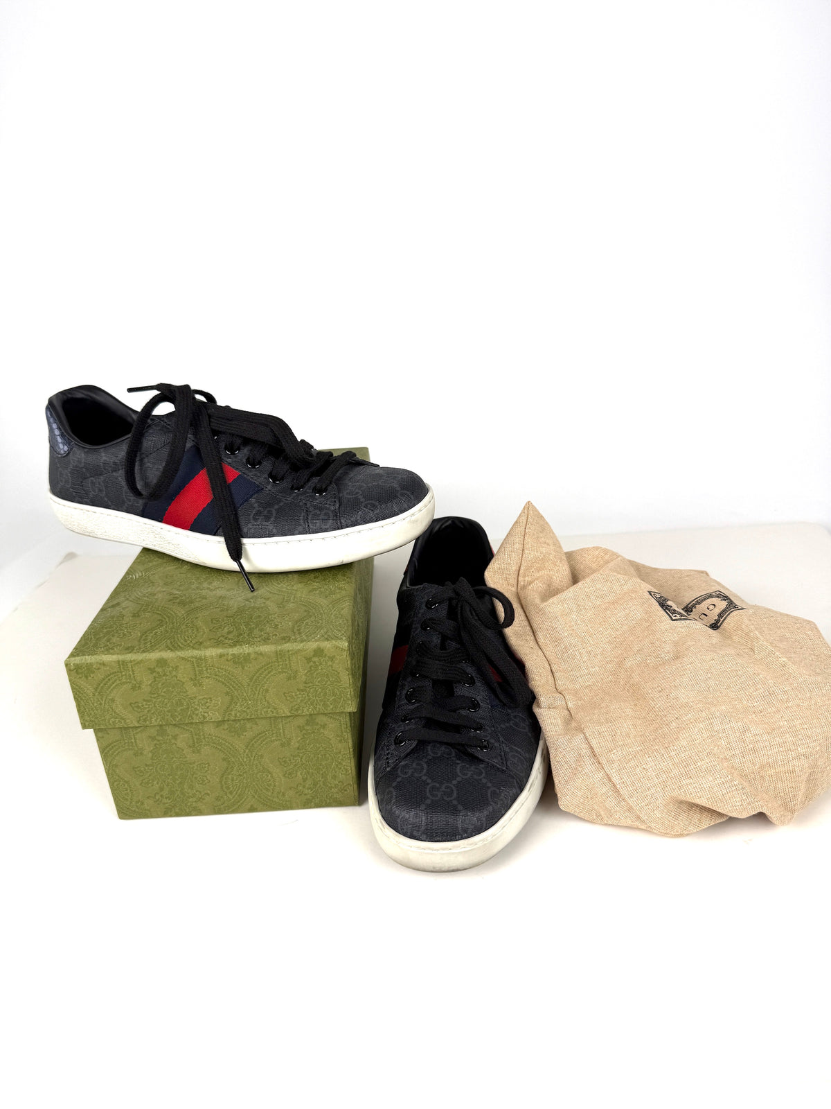 GUCCI Men’s Ace Web Black GG Supreme Canvas Low Top Sneakers 6, 6.5US