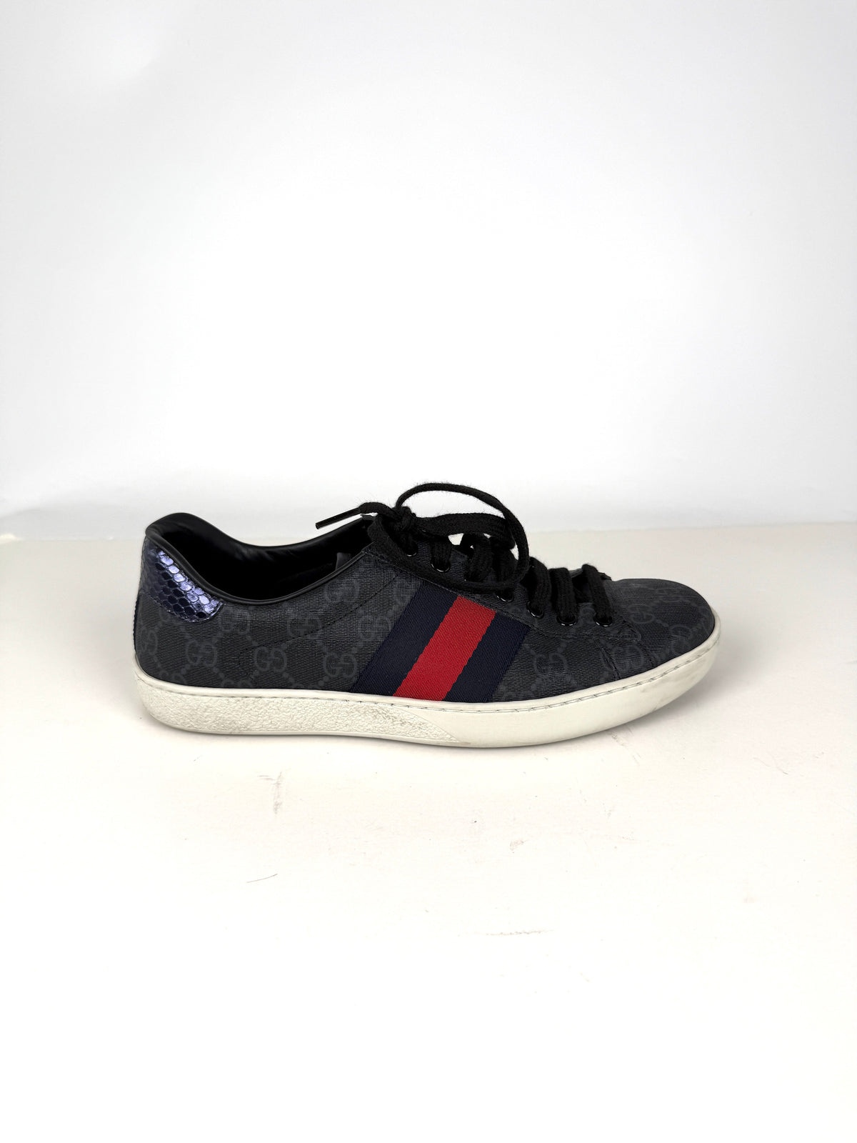 GUCCI Men’s Ace Web Black GG Supreme Canvas Low Top Sneakers 6, 6.5US