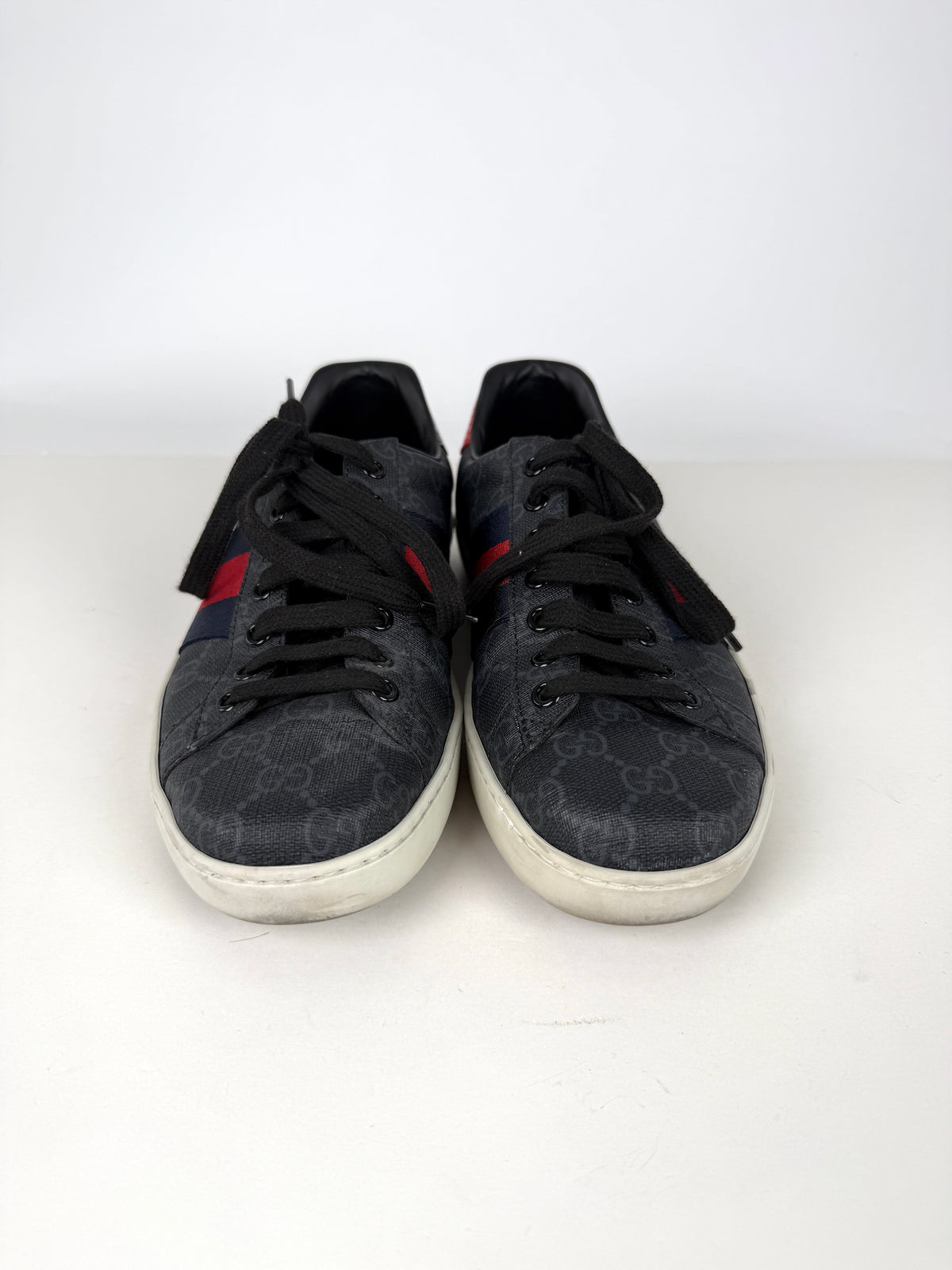 GUCCI Men’s Ace Web Black GG Supreme Canvas Low Top Sneakers 6, 6.5US