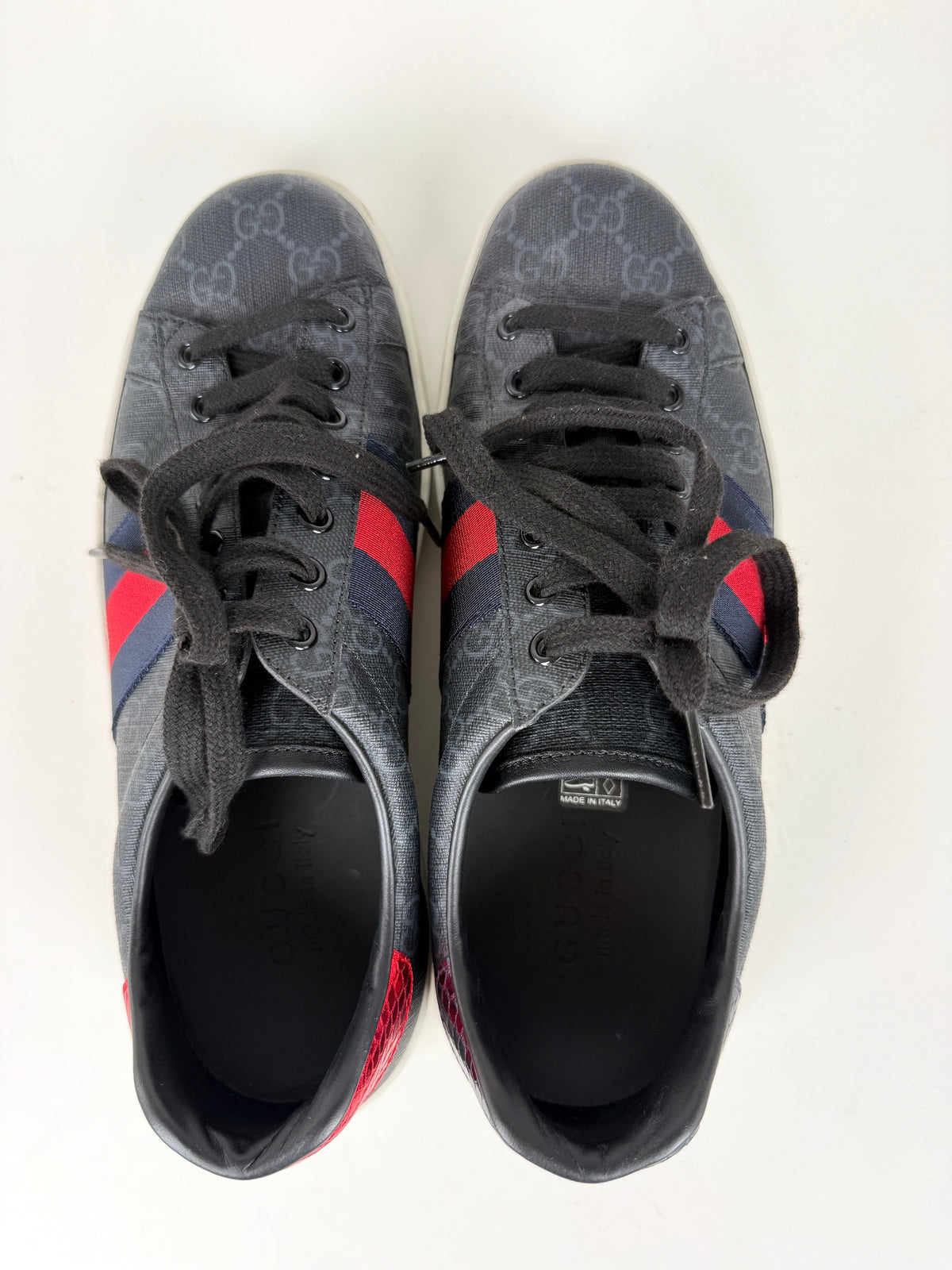 GUCCI Men’s Ace Web Black GG Supreme Canvas Low Top Sneakers 6, 6.5US