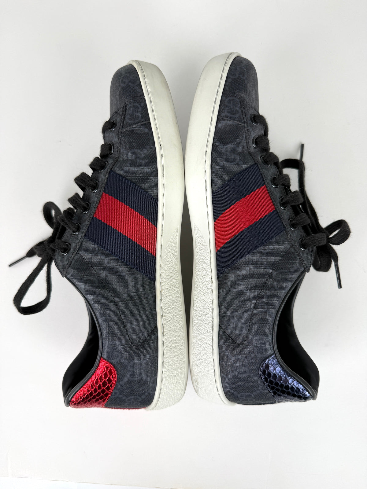 GUCCI Men’s Ace Web Black GG Supreme Canvas Low Top Sneakers 6, 6.5US