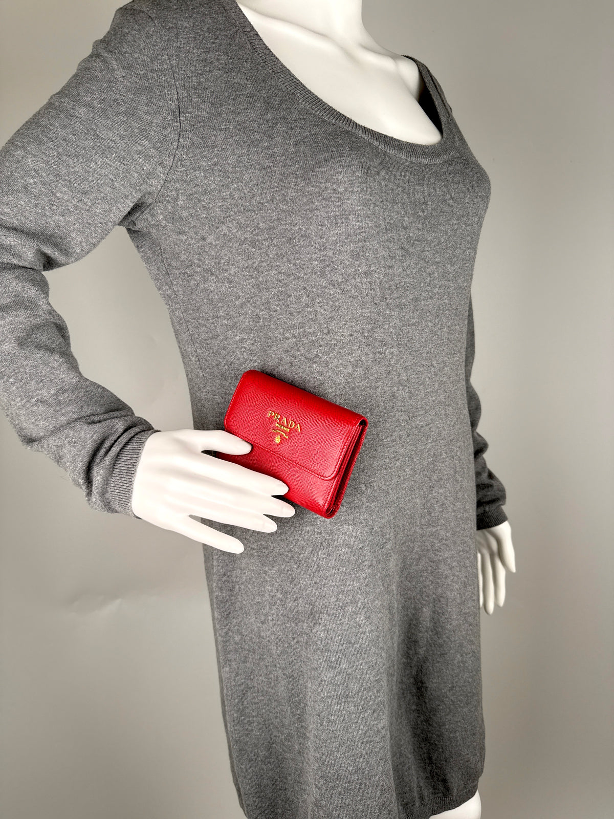Prada Red 2025 Saffiano Leather Trifold Compact Flap Wallet 