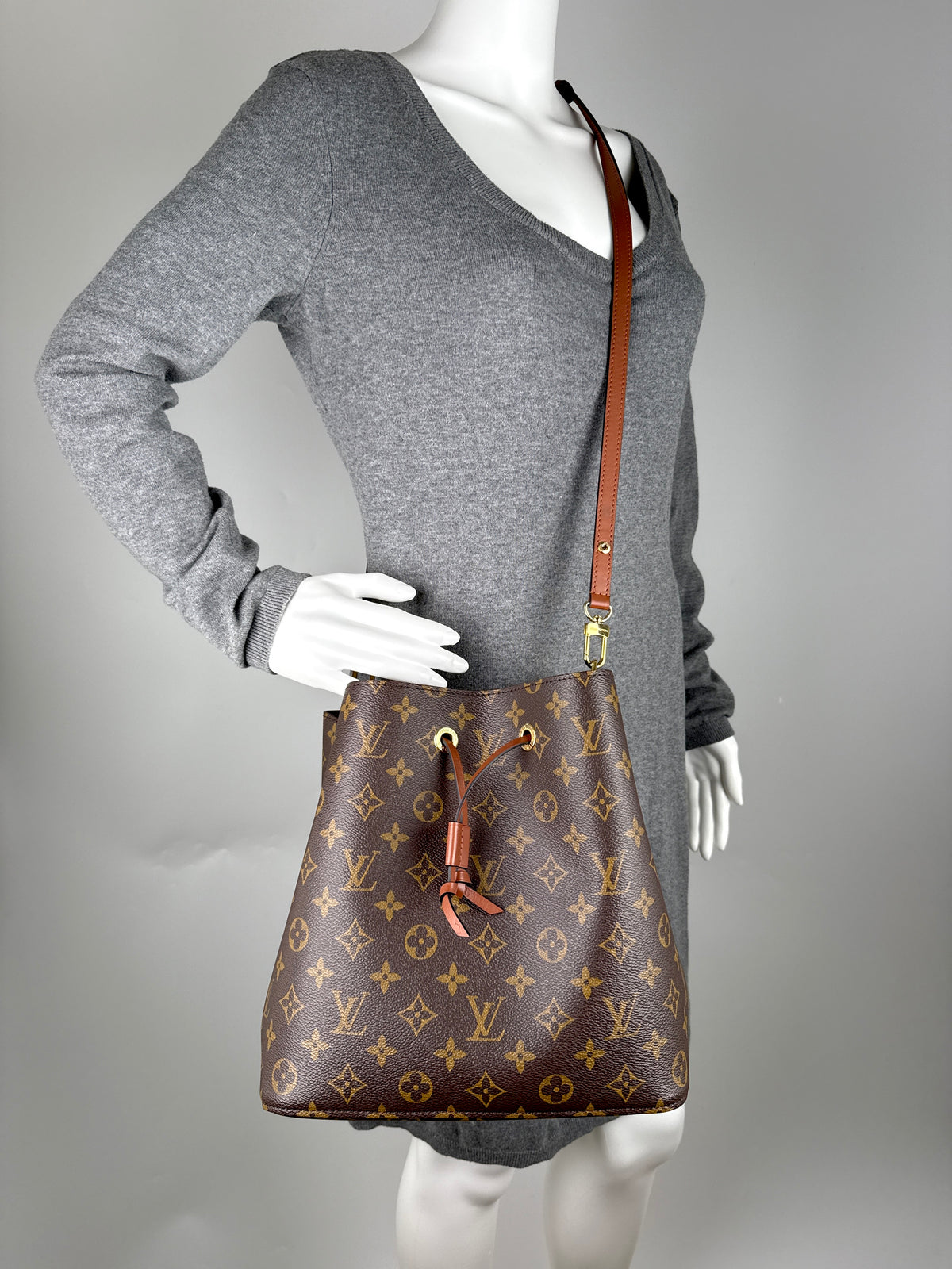 Louis Vuitton Neonoe Monogram Canvas Brown Leather MM 2025 Bucket Shoulder Crossbody Bag