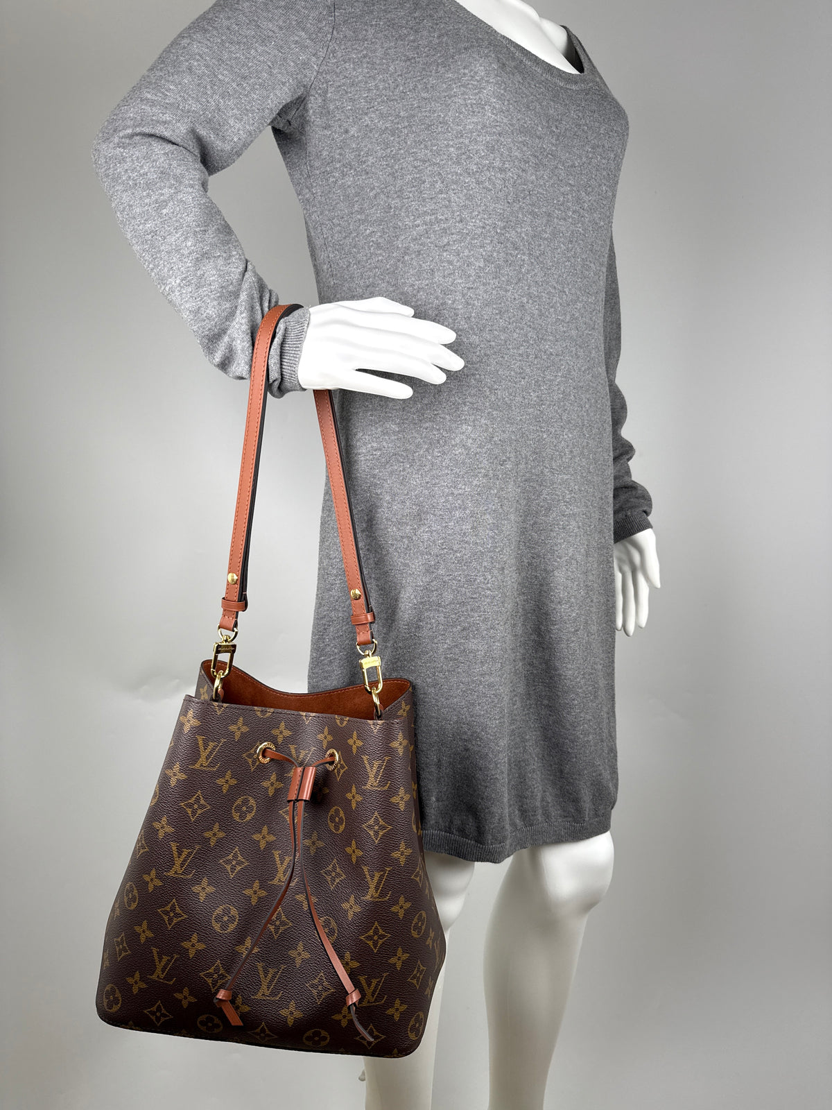Louis Vuitton Neonoe Monogram Canvas Brown Leather MM 2025 Bucket Shoulder Crossbody Bag