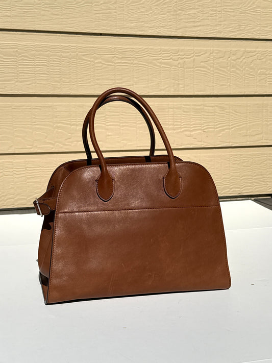 The Row Margaux 12 Soft Brown Saddle Calfskin Leather Crossbody Tote Bag