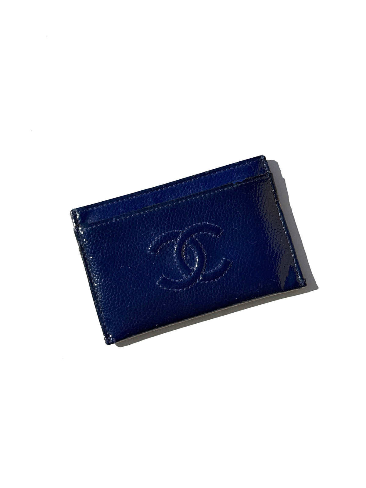 CHANEL Timeless CC Navy Blue Patent Leather Card Case 