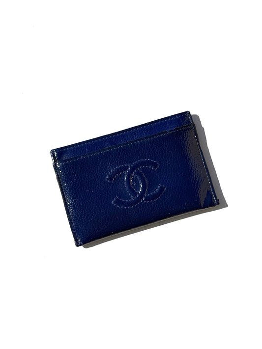 CHANEL Timeless CC Navy Blue Patent Leather Card Case 
