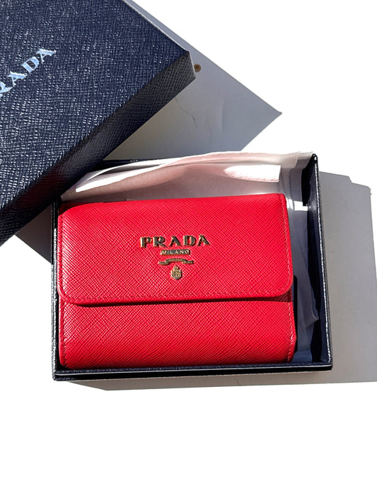 Prada Red 2025 Saffiano Leather Trifold Compact Flap Wallet 