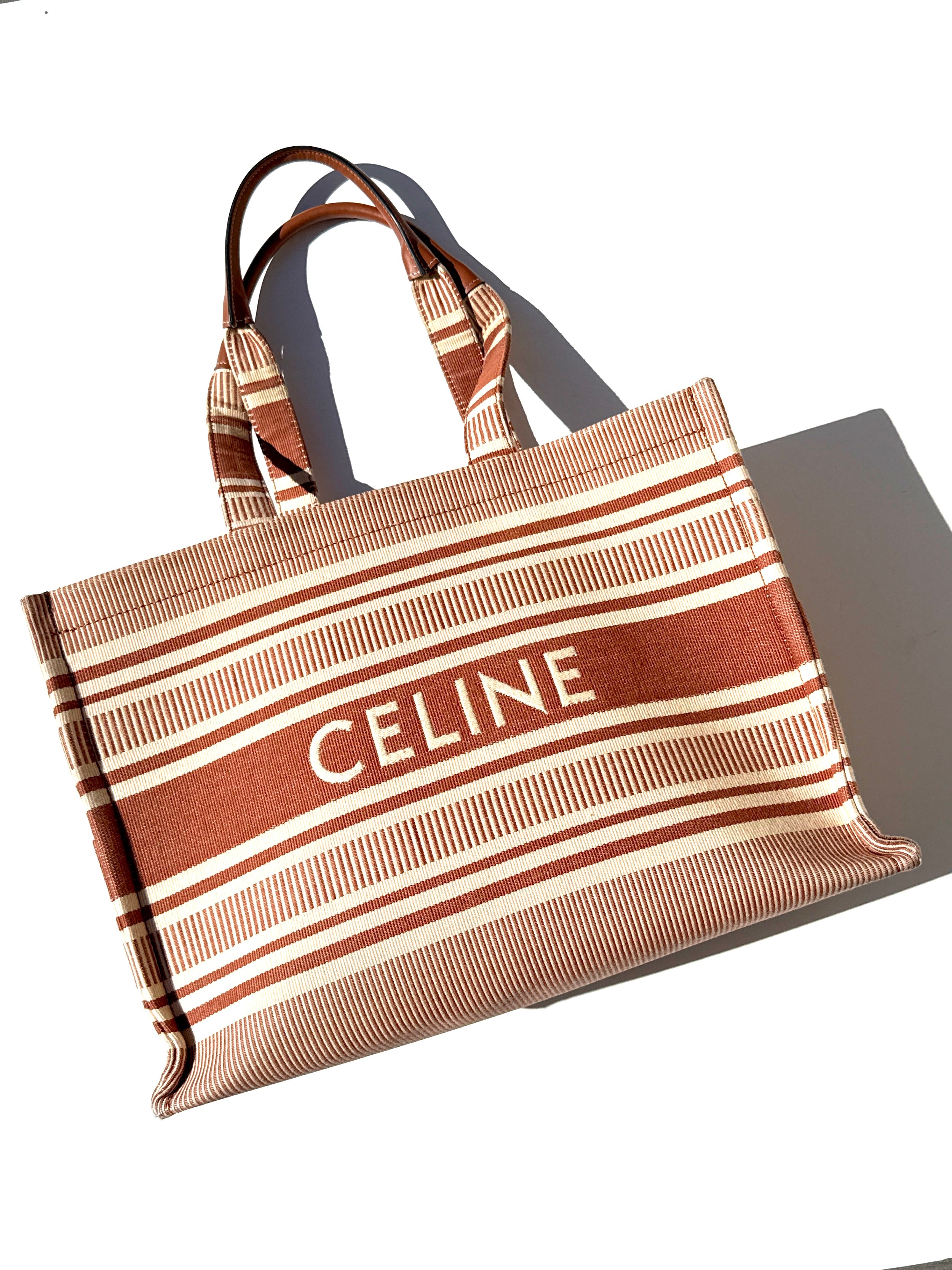 CELINE Striped Canvas Cabas Thais 2024 Sienna Large Tote – Fashion