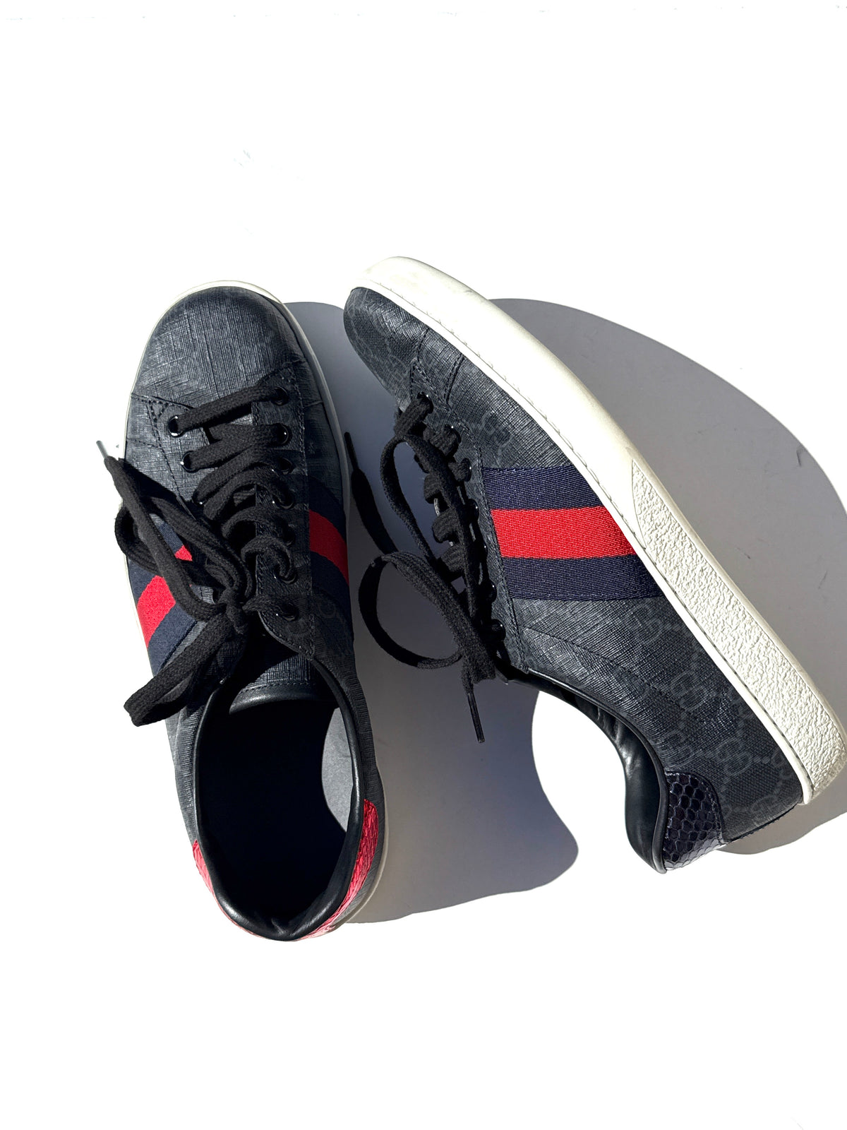 GUCCI Men’s Ace Web Black GG Supreme Canvas Low Top Sneakers 6, 6.5US