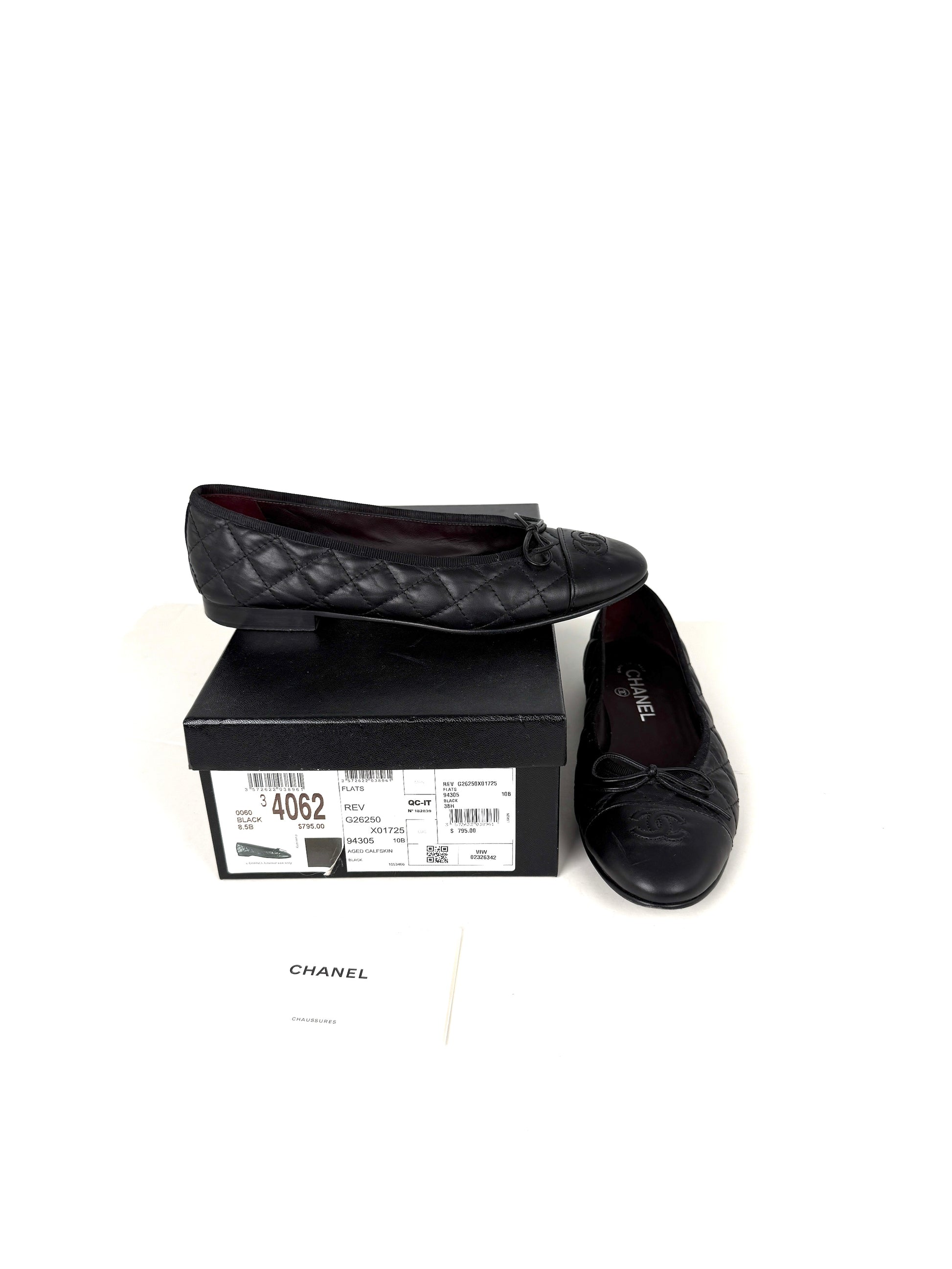 CHANEL Cap Toe Classic Black CC Logo Flats 38.5 8