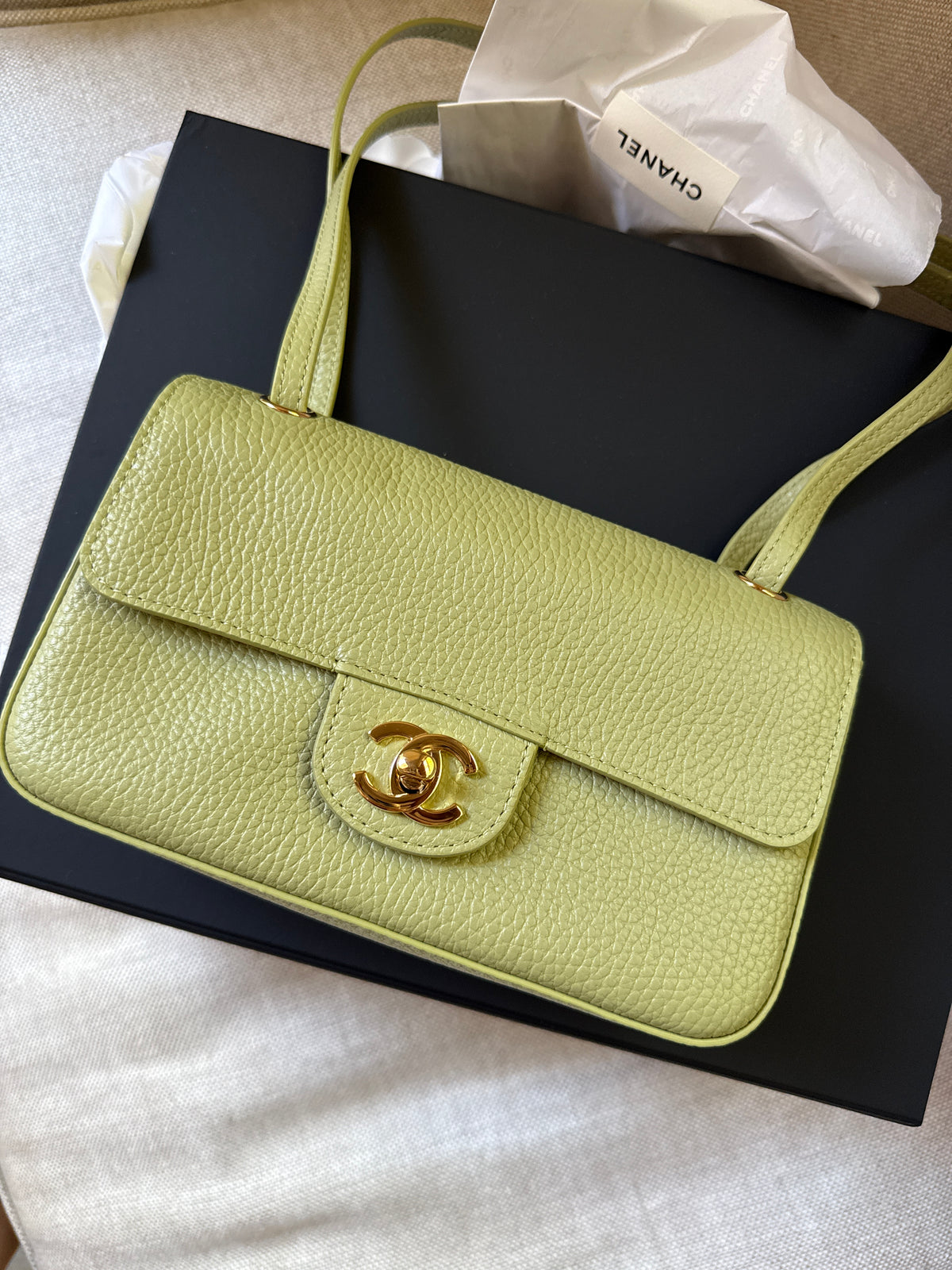 CHANEL Mini Souplissimo Flap Bag Green Grained Calfskin Leather Gold Hardware Crossbody Bag