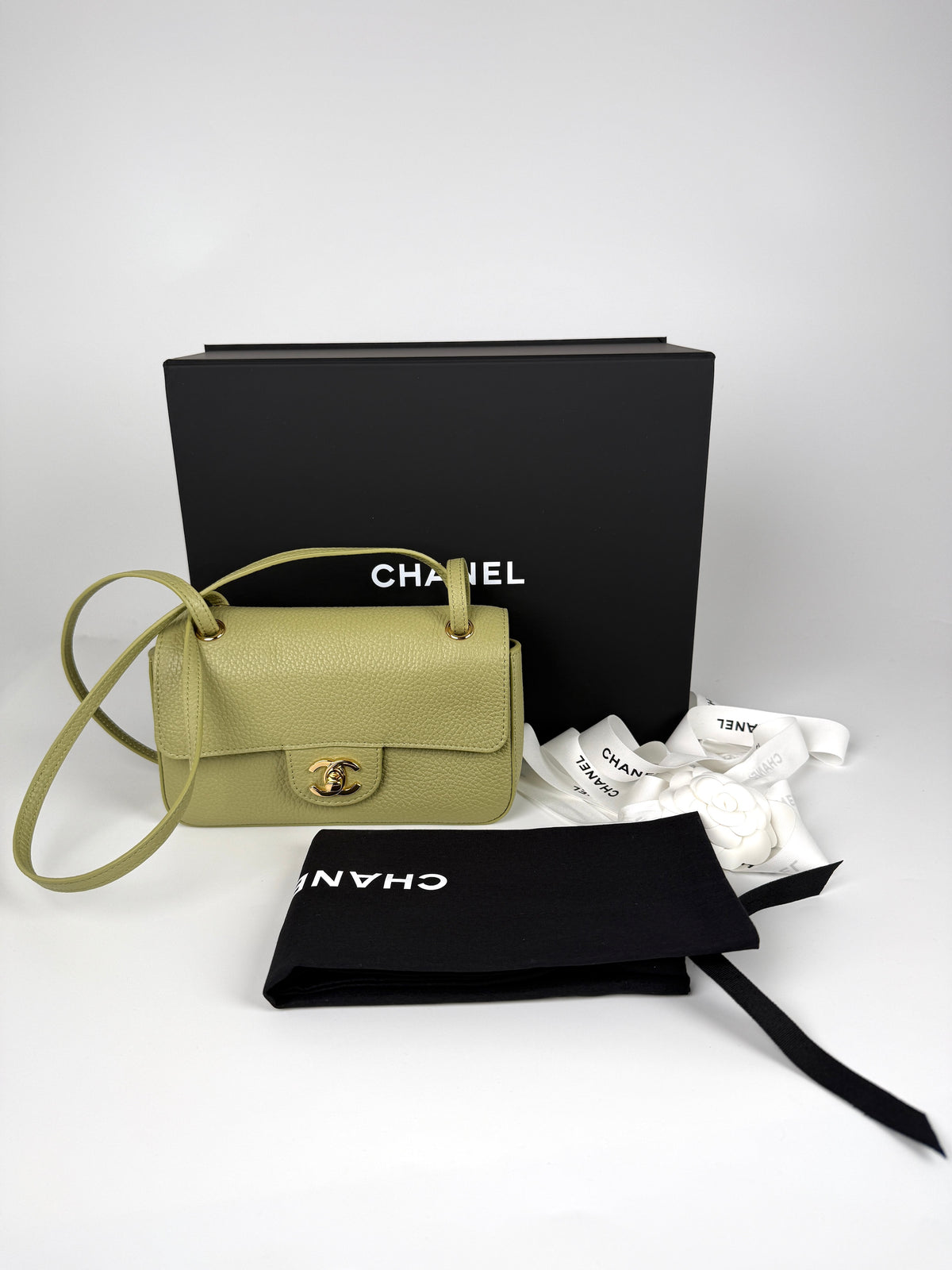 CHANEL Mini Souplissimo Flap Bag Green Grained Calfskin Leather Gold Hardware Crossbody Bag