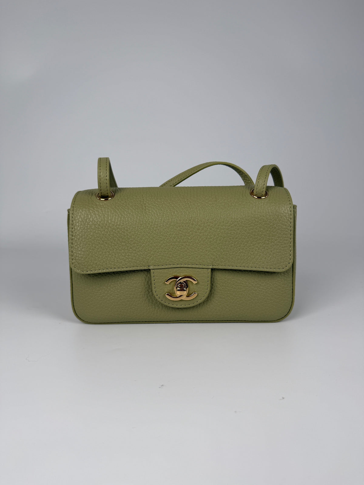 CHANEL Mini Souplissimo Flap Bag Green Grained Calfskin Leather Gold Hardware Crossbody Bag