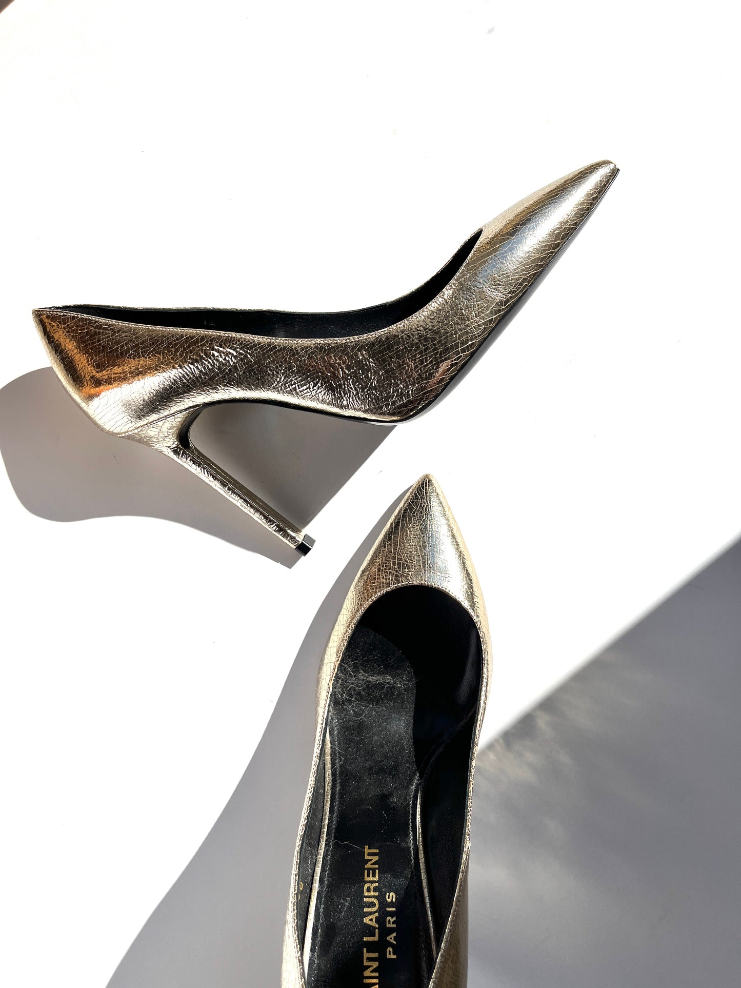 New Saint Laurent Anja Supercrack Platinum Pointed Toe Pumps Heels 36 6