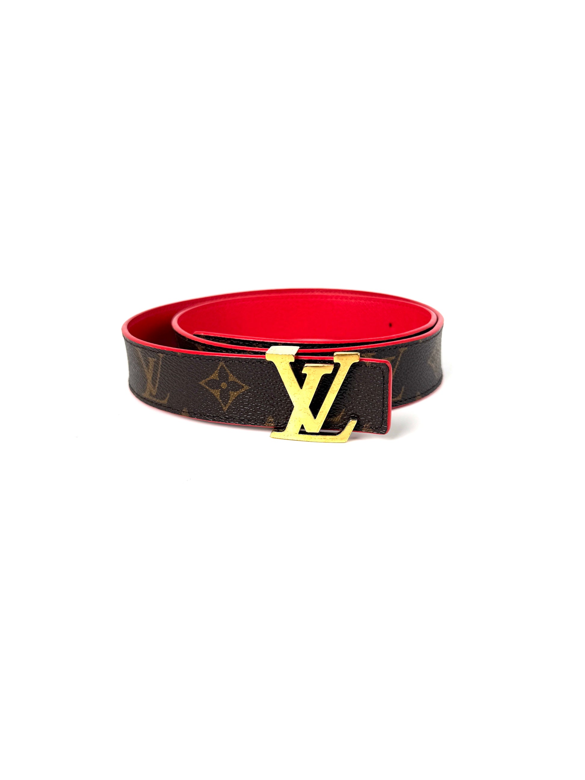 LOUIS VUITTON Initiales Brown Monogram Red Leather 30mm Reversible Canvas LV Belt 85 34