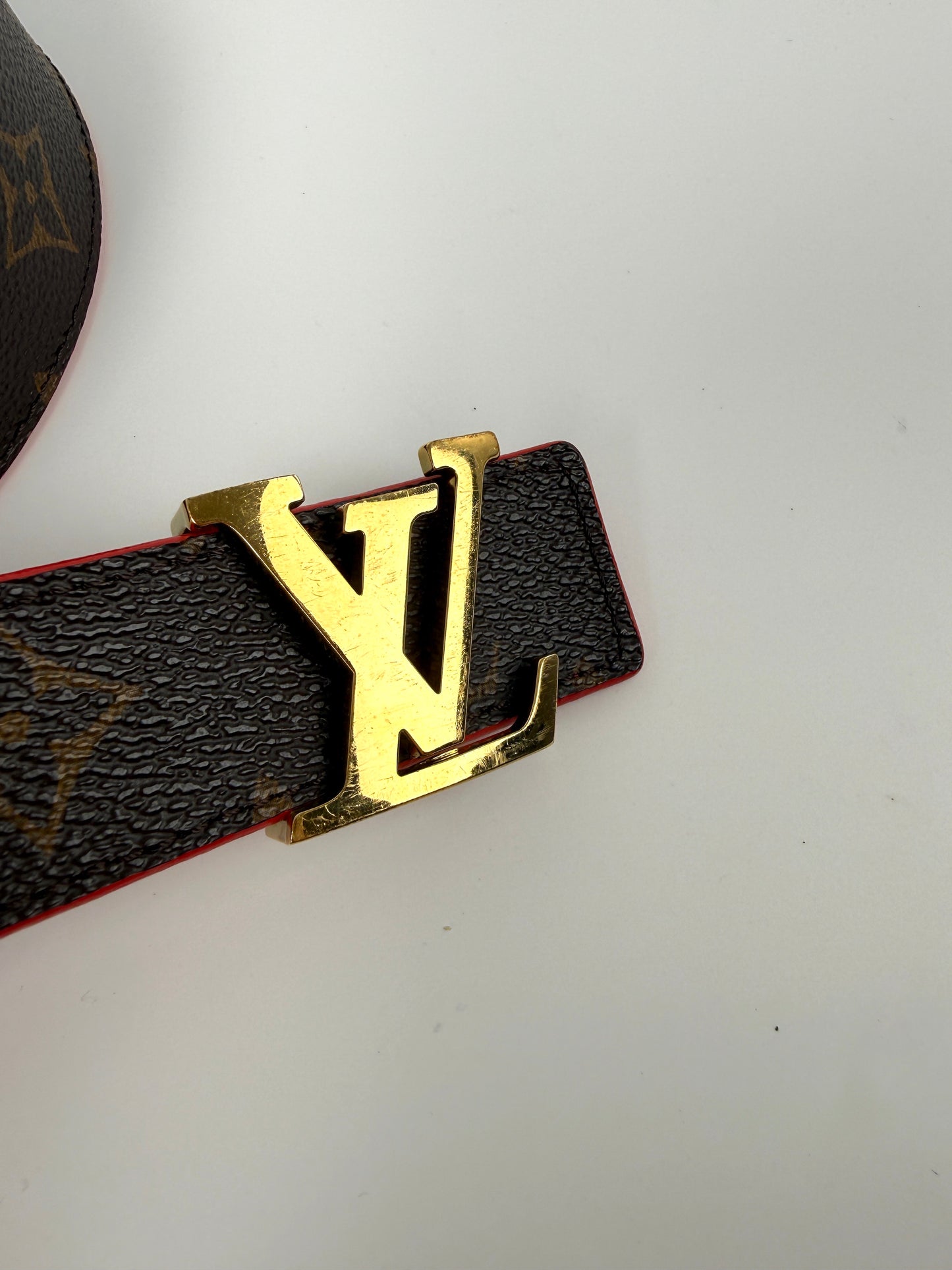 LOUIS VUITTON Initiales Brown Monogram Red Leather 30mm Reversible Canvas LV Belt 85 34