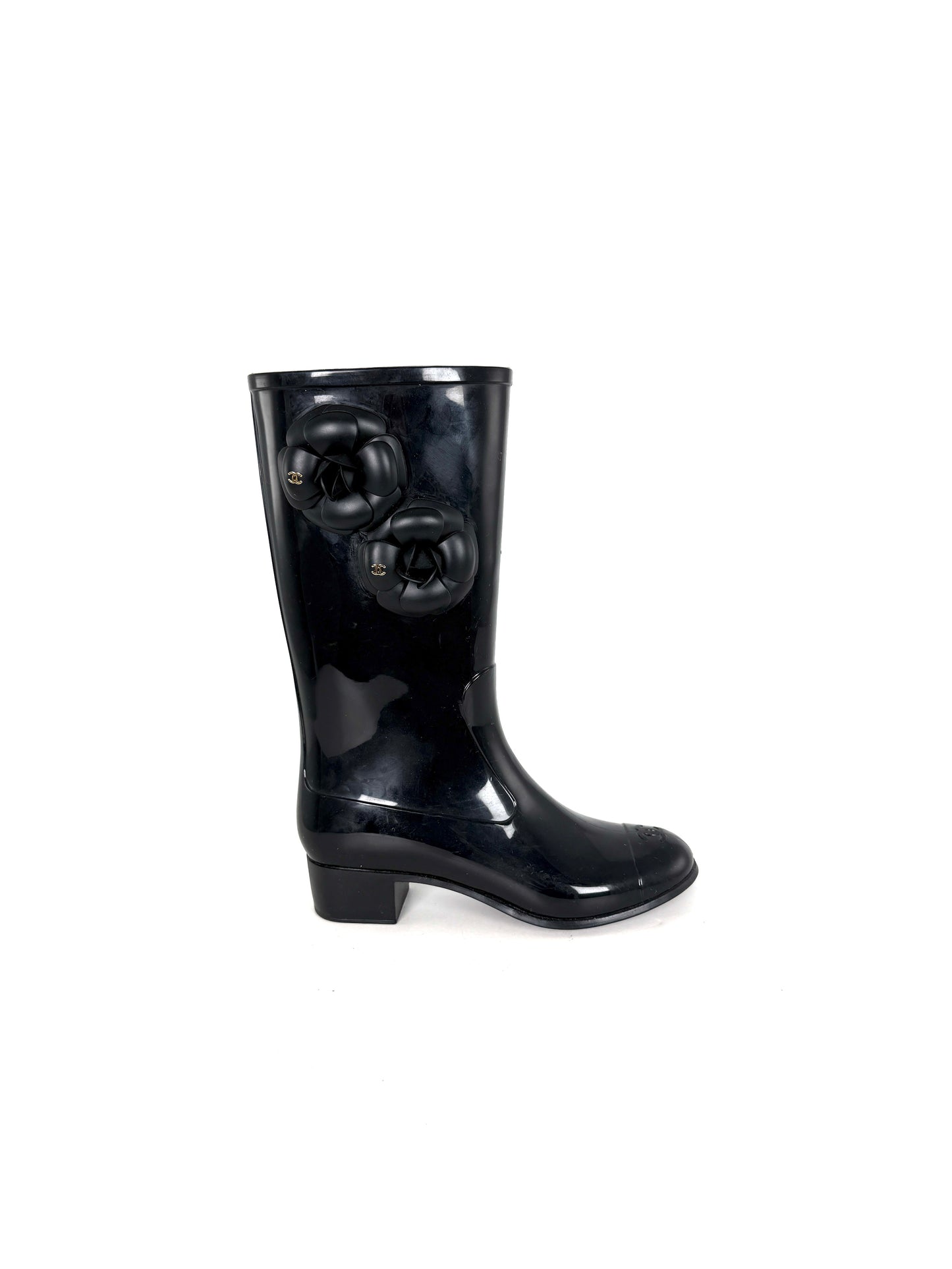 CHANEL Camellia Cap Toe CC Logo Flower Black Rubber Rain Boots 38, 7.5