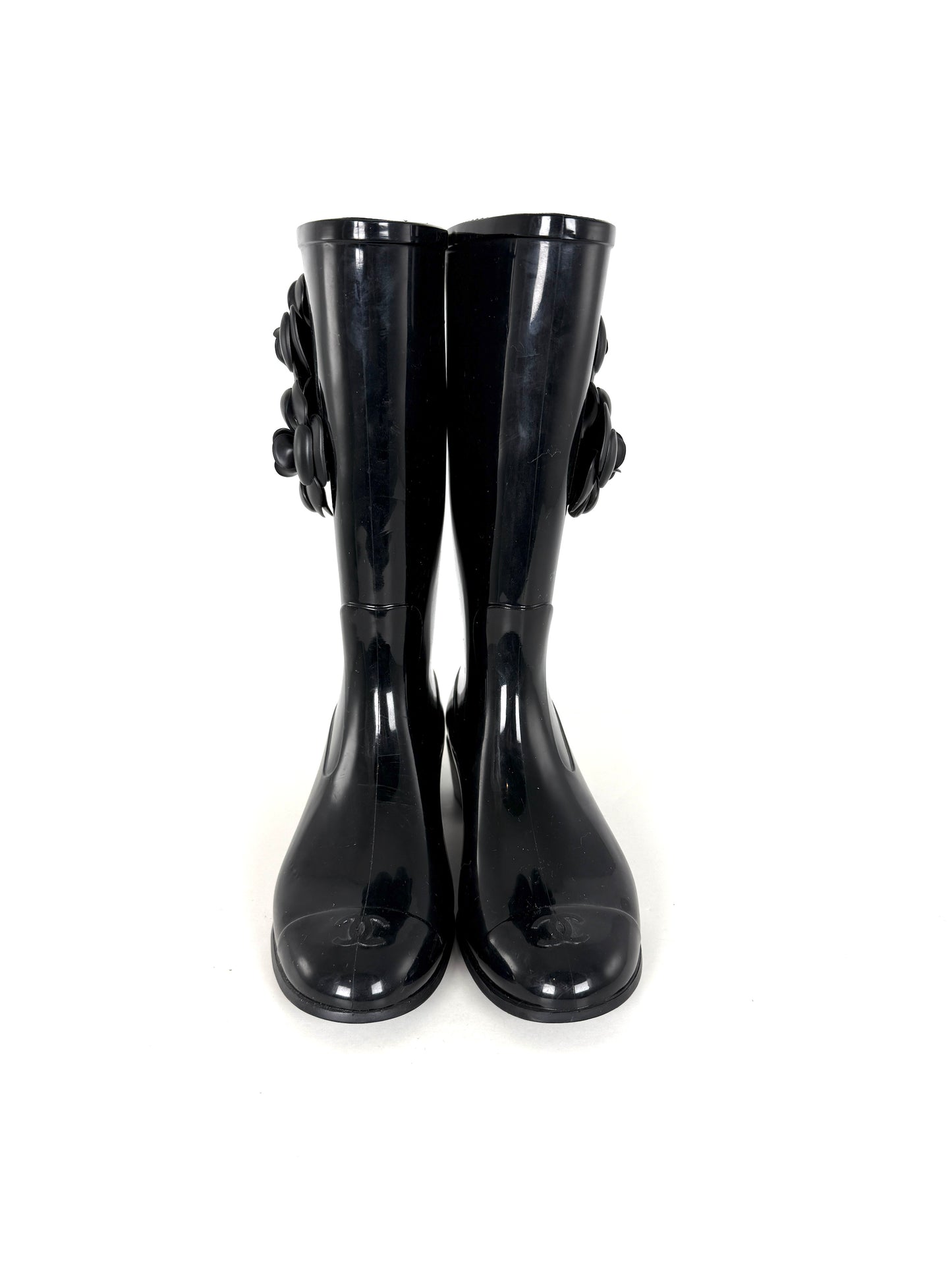 CHANEL Camellia Cap Toe CC Logo Flower Black Rubber Rain Boots 38, 7.5