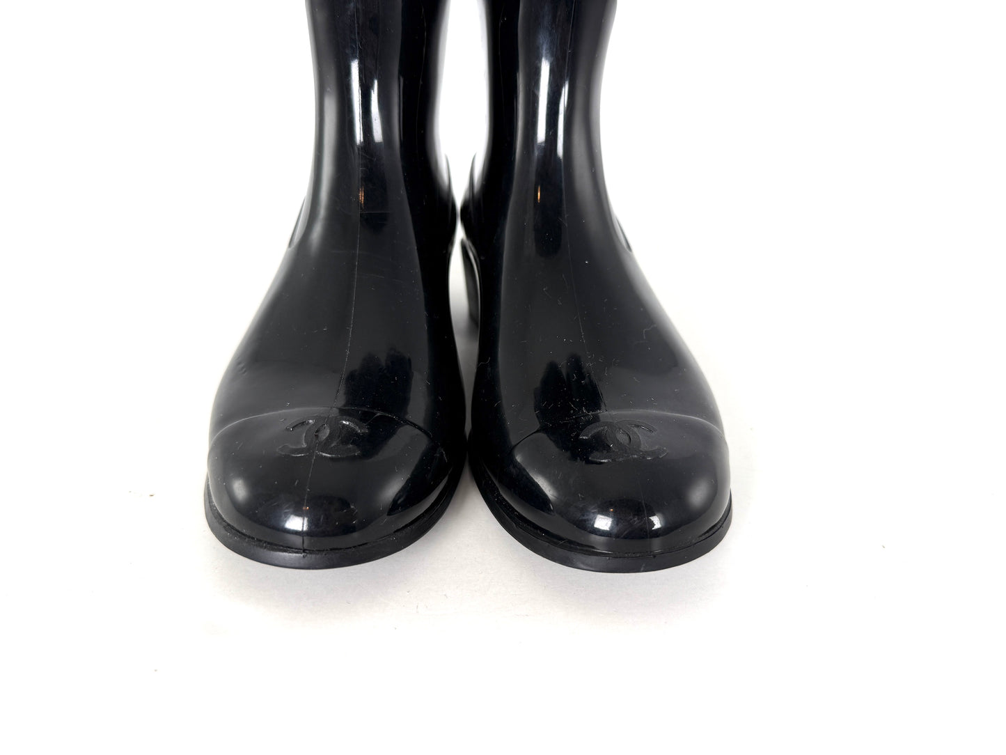 CHANEL Camellia Cap Toe CC Logo Flower Black Rubber Rain Boots 38, 7.5