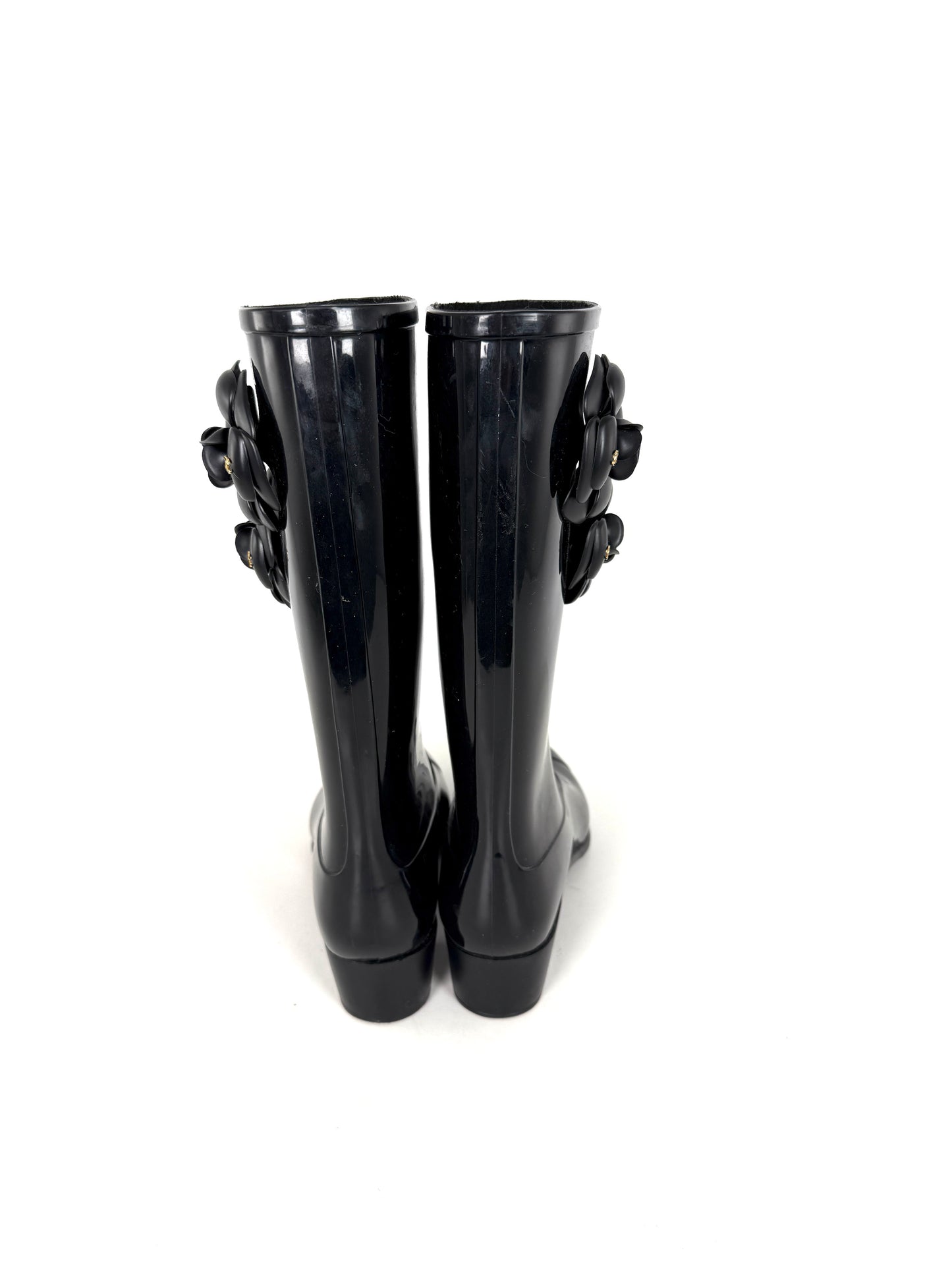 CHANEL Camellia Cap Toe CC Logo Flower Black Rubber Rain Boots 38, 7.5