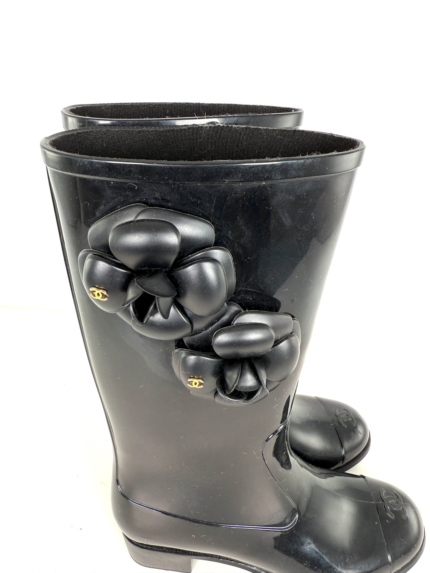 CHANEL Camellia Cap Toe CC Logo Flower Black Rubber Rain Boots 38, 7.5