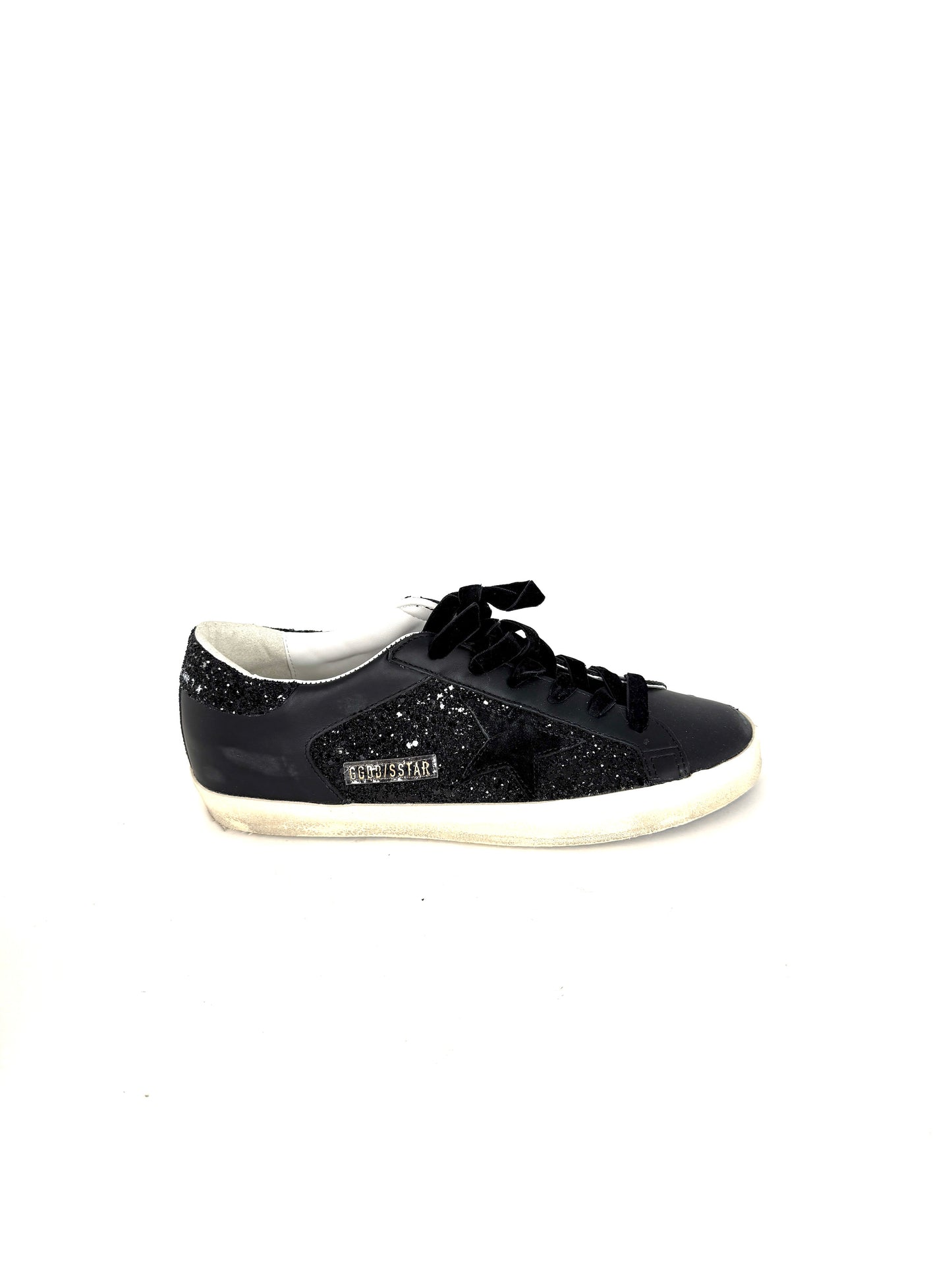 New Golden Goose Superstar Double Quarter Black Glitter Velvet Leather Sneakers 40 10