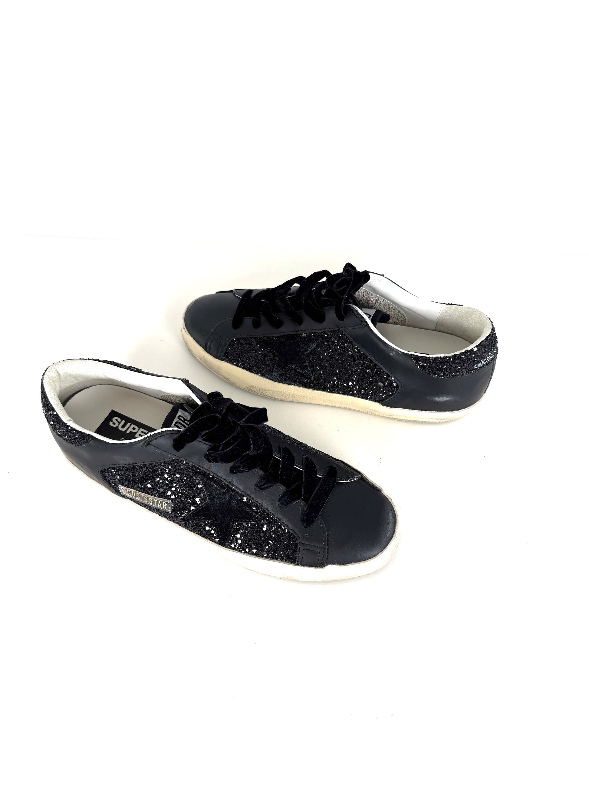 New Golden Goose Superstar Double Quarter Black Glitter Velvet Leather Sneakers 40 10