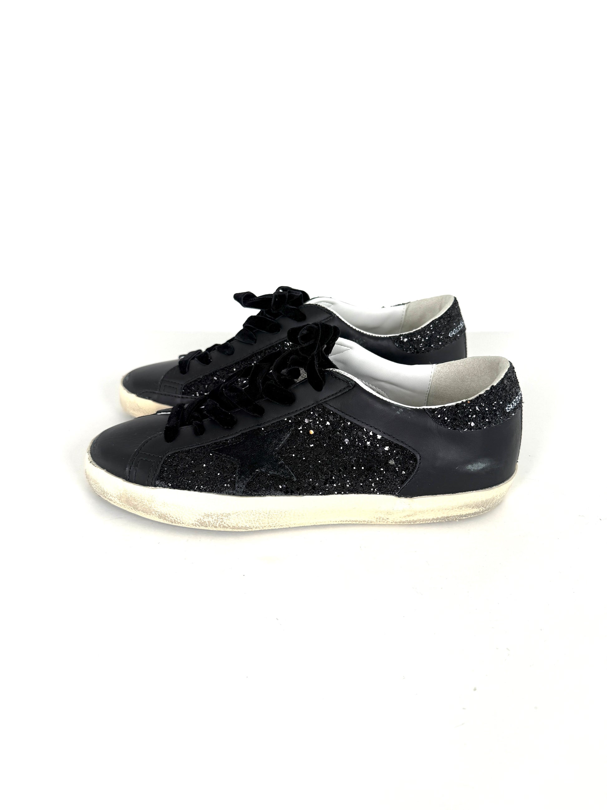 New Golden Goose Superstar Double Quarter Black Glitter Velvet Leather Sneakers 40 10