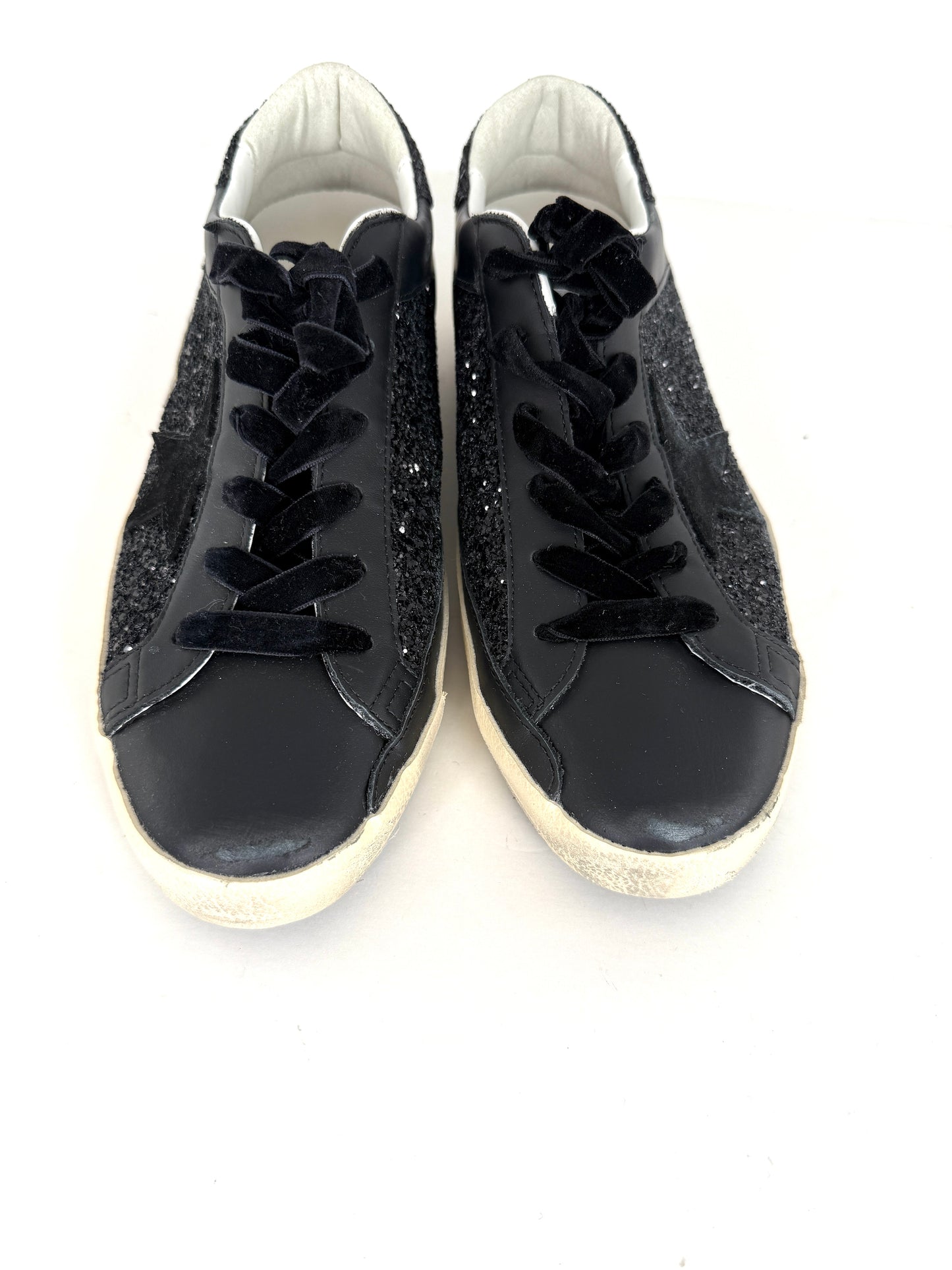 New Golden Goose Superstar Black Glitter Velvet Leather Sneakers 40 10