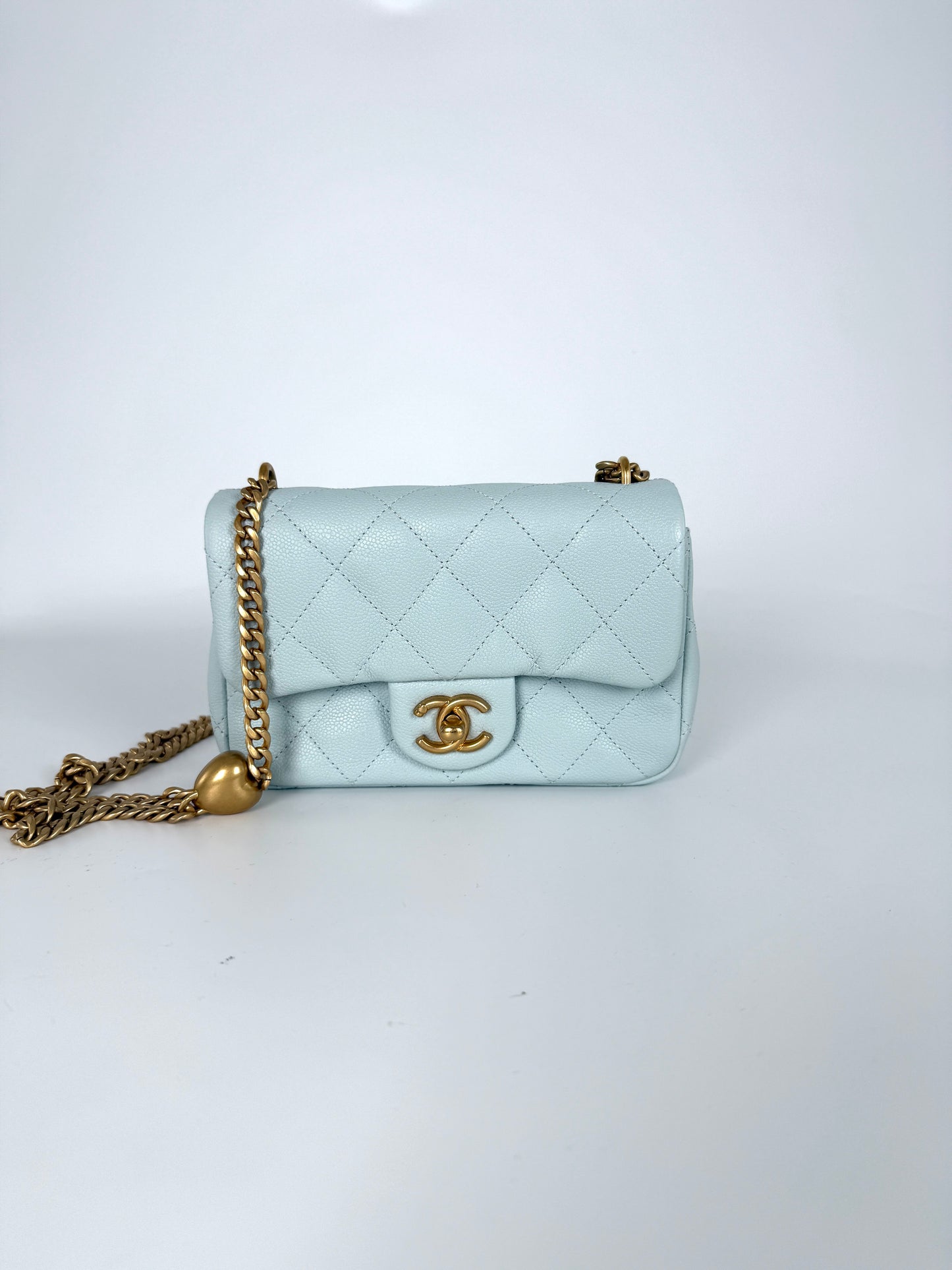 CHANEL Mini Rectangular Sweetheart Quilted Caviar Light Blue Flap Bag 