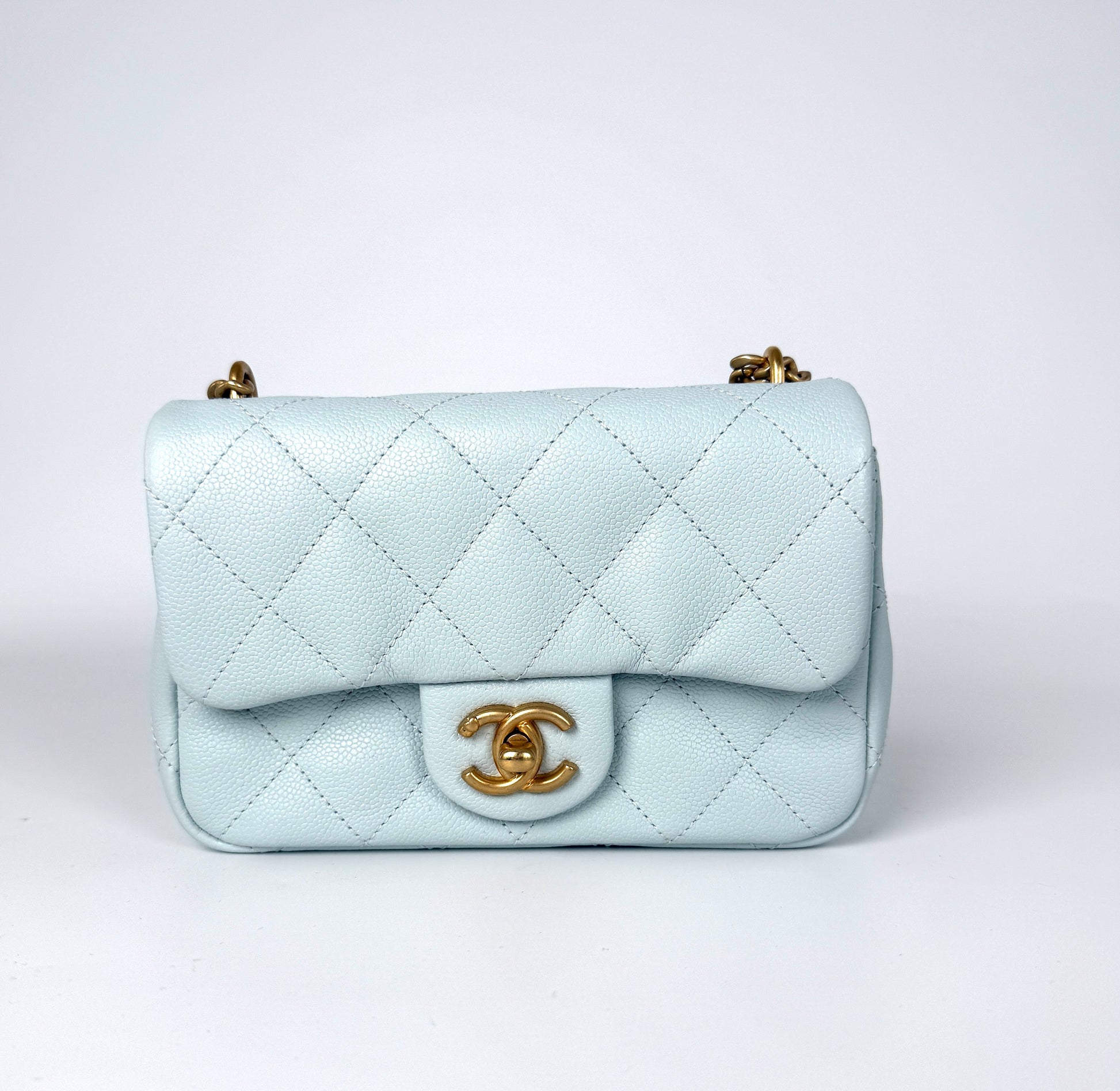 CHANEL Mini Rectangular Sweetheart Quilted Caviar Light Blue Flap Bag 