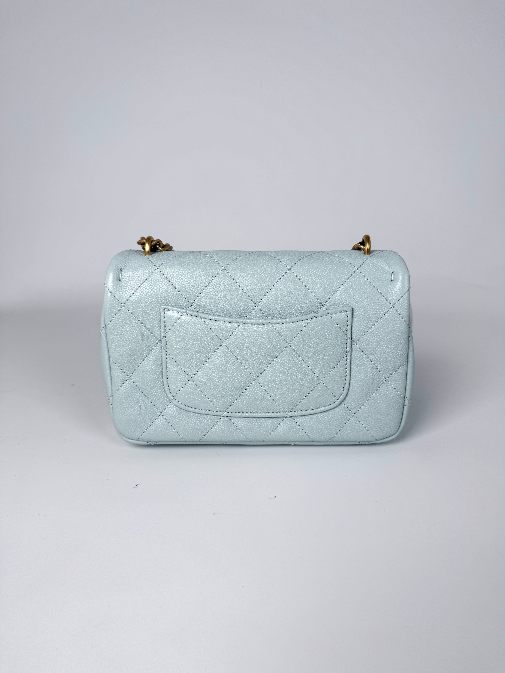 CHANEL Mini Rectangular Sweetheart Quilted Caviar Light Blue Flap Bag 