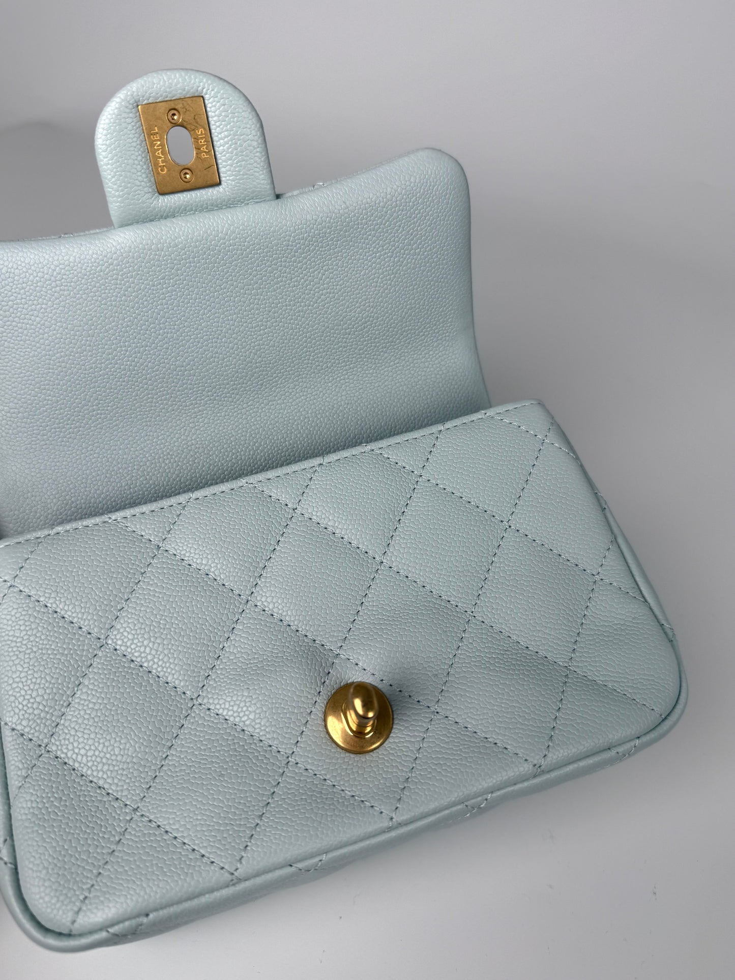 CHANEL Mini Rectangular Sweetheart Quilted Caviar Light Blue Flap Bag