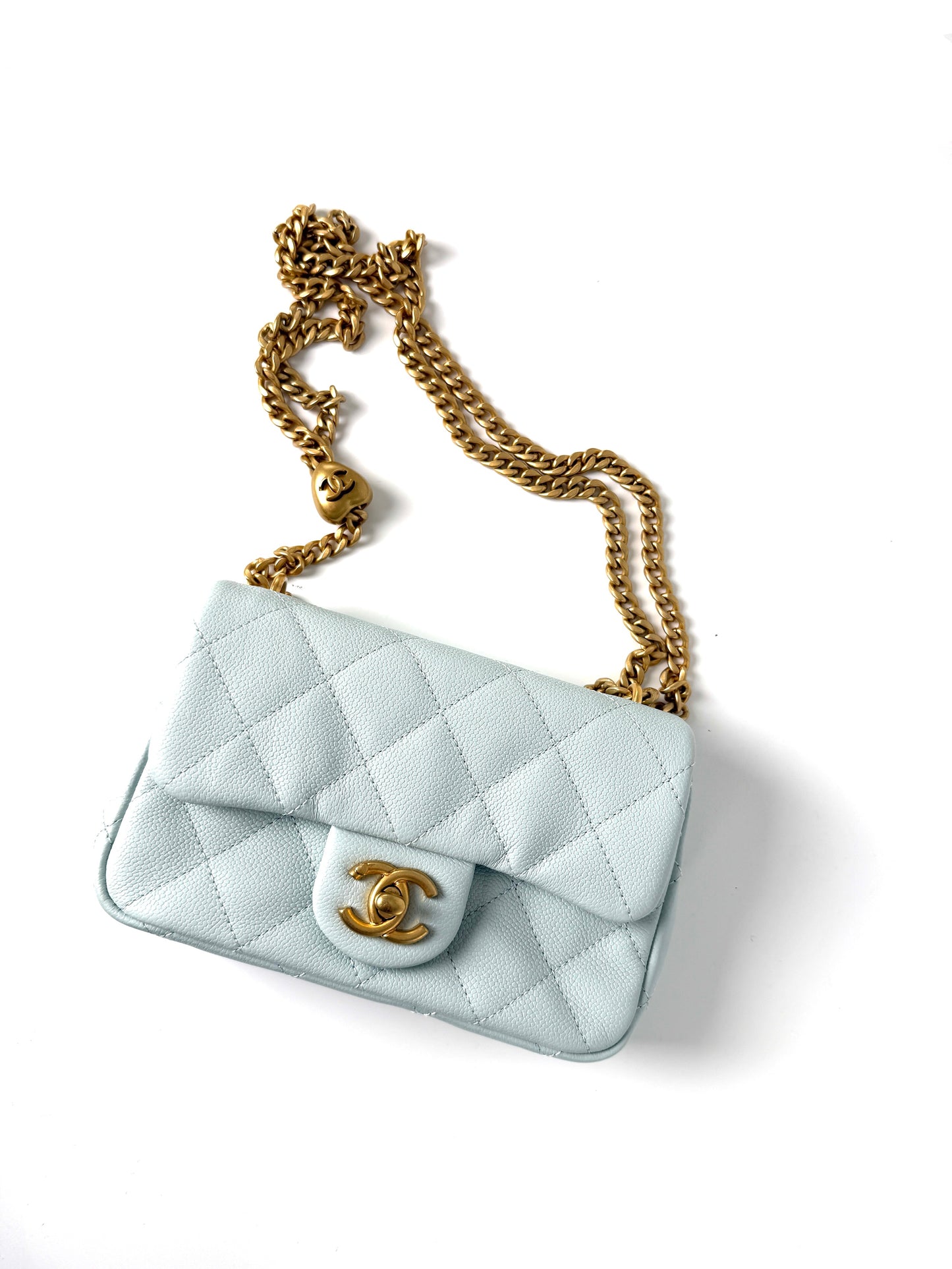 CHANEL Mini Rectangular Sweetheart Quilted Caviar Light Blue Flap Bag 