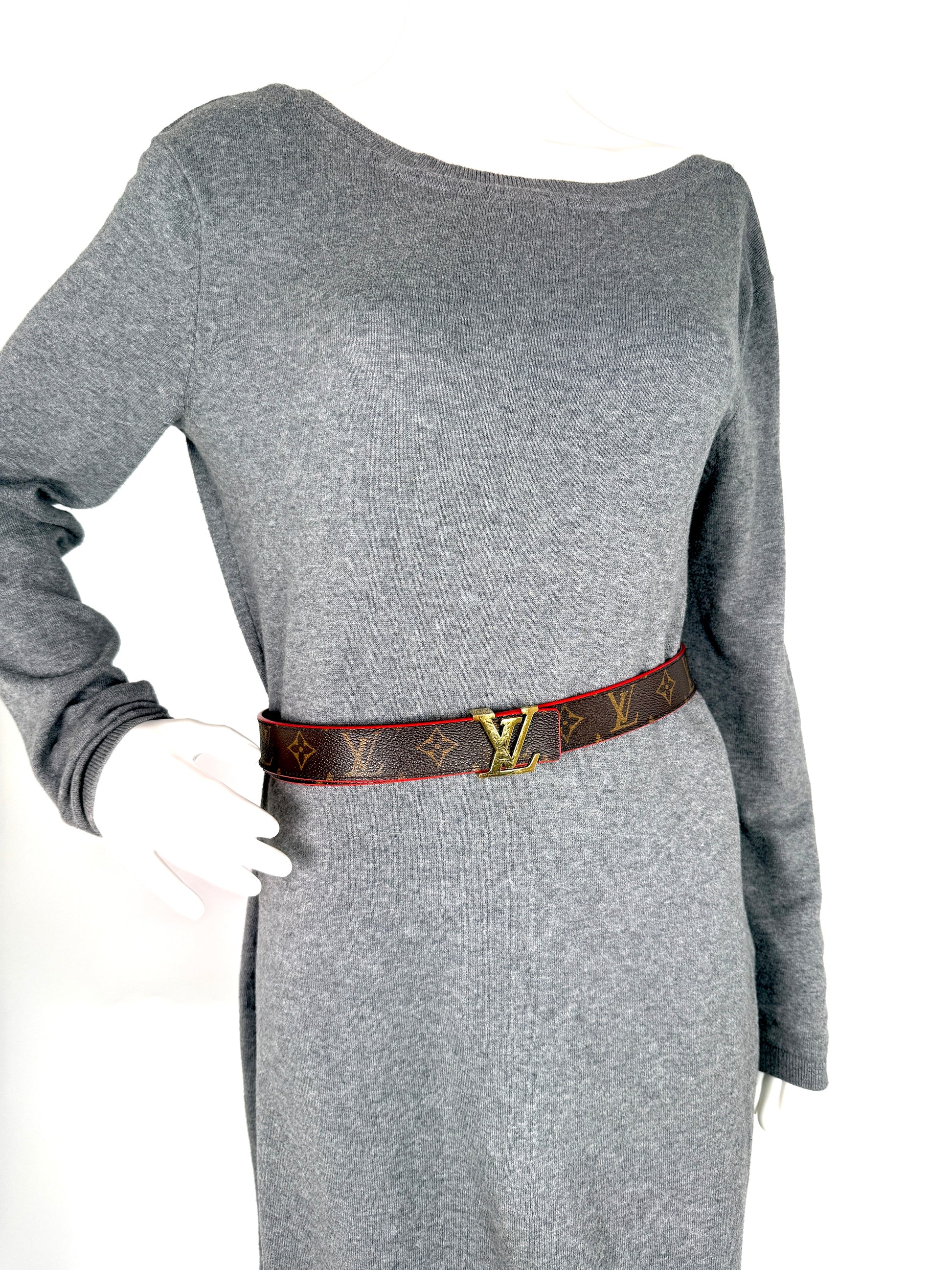 LOUIS VUITTON Initiales Brown Monogram Red Leather 30mm Reversible Canvas LV Belt 85 34