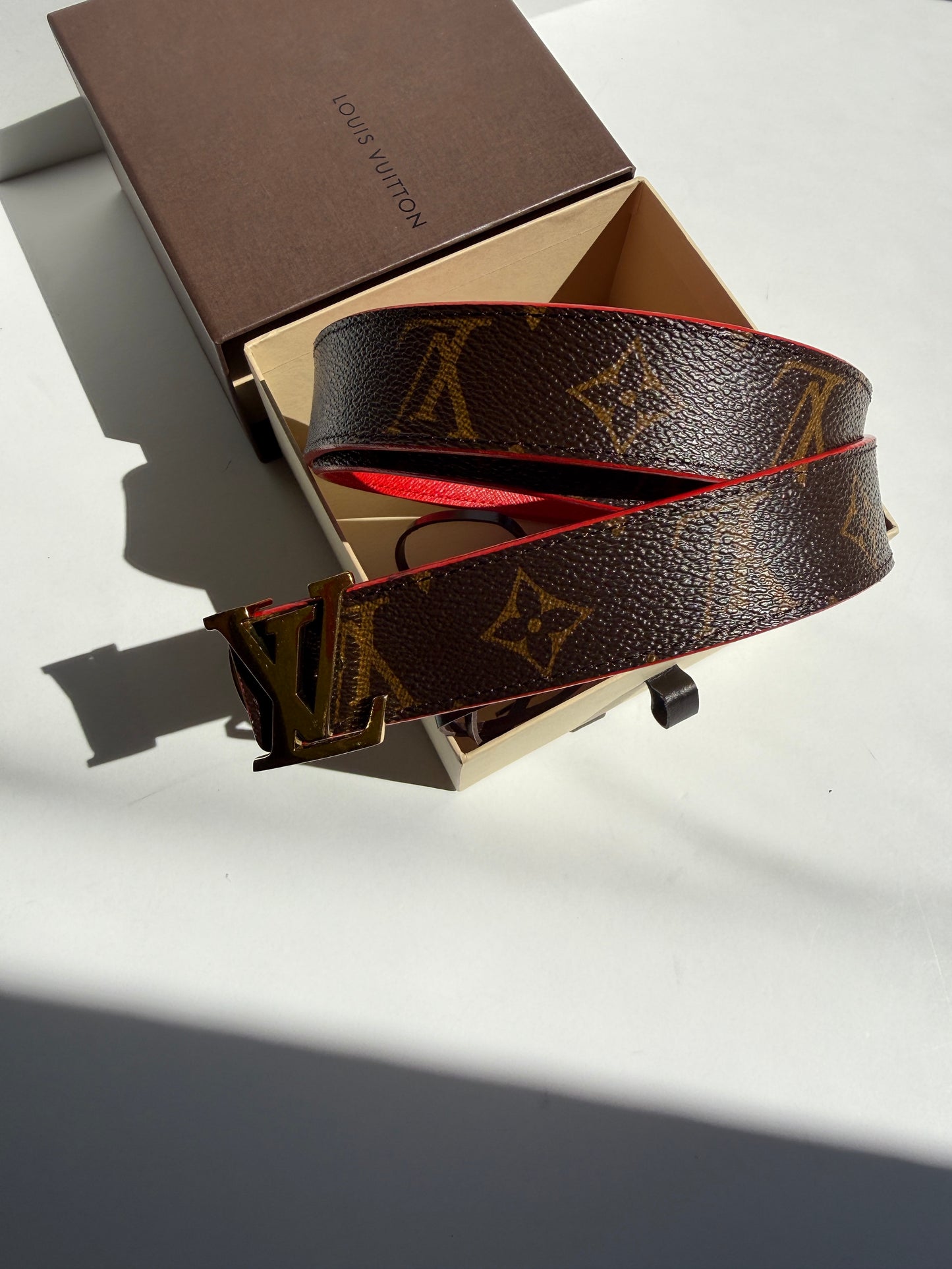 LOUIS VUITTON Initiales Brown Monogram Red Leather 30mm Reversible Canvas LV Belt 85 34