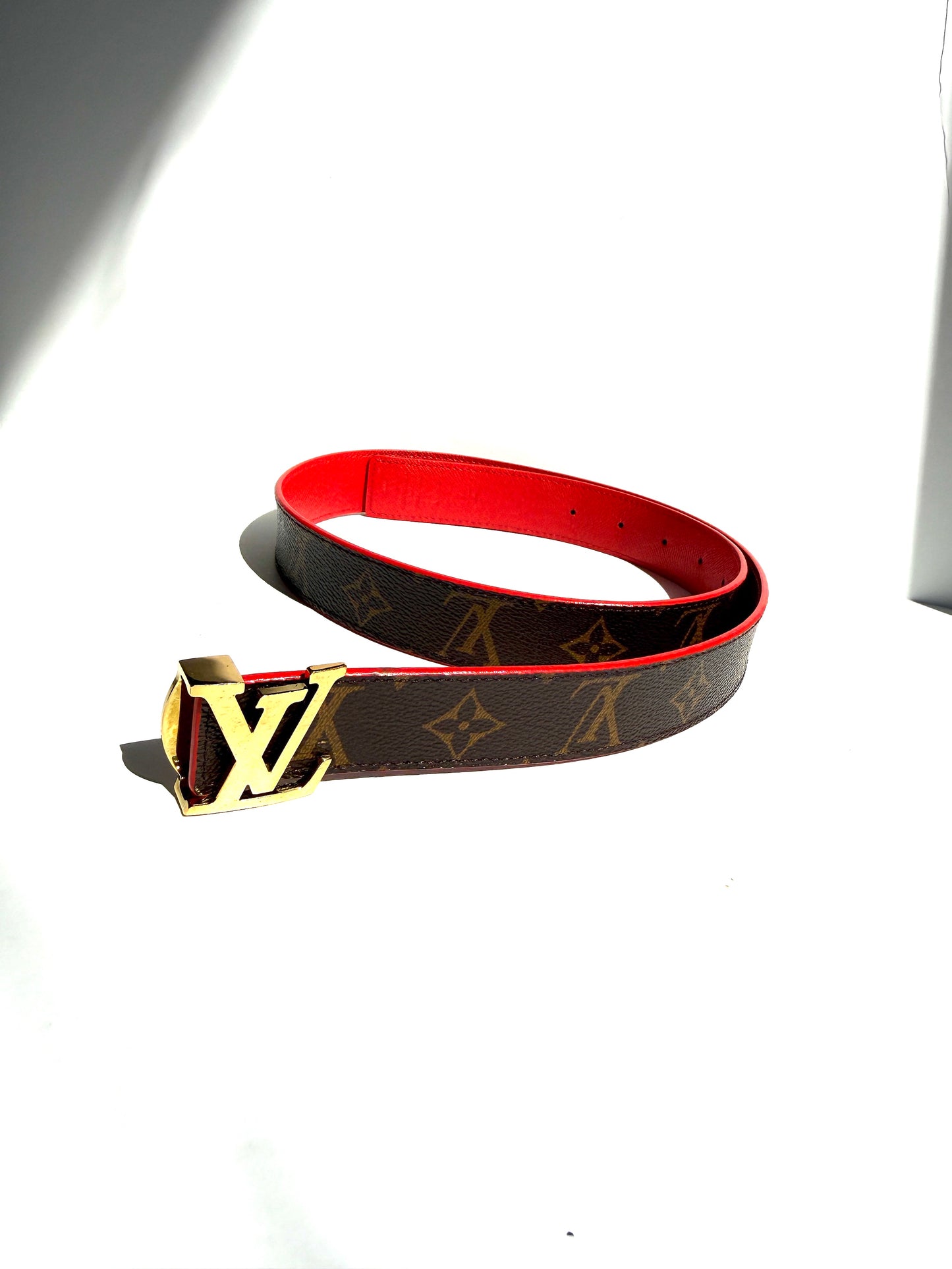 LOUIS VUITTON Initiales Brown Monogram Red Leather 30mm Reversible Canvas LV Belt 85 34