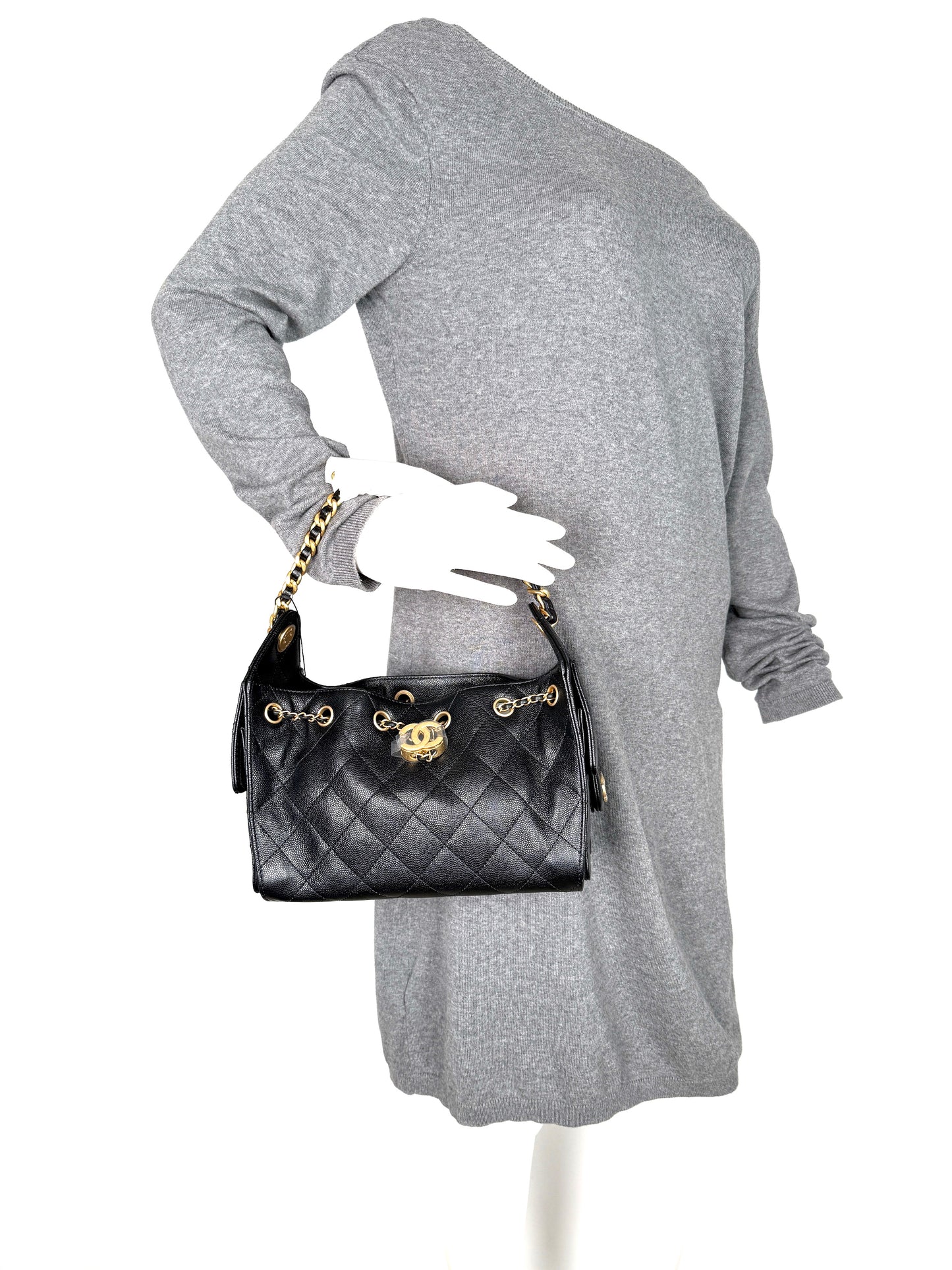 CHANEL 25 Mini Black Quilted Caviar Leather Shoulder Bag New with tag