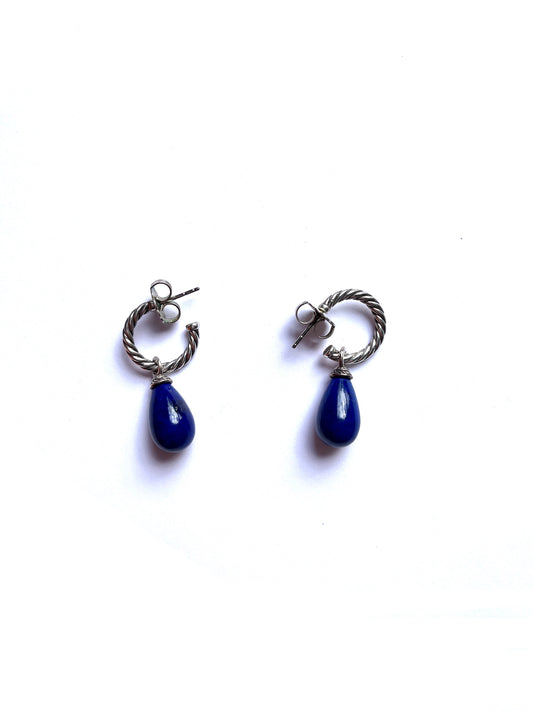 David Yurman Sterling Silver Color Classics Bead Drop Hoop Lapis Lazuli Earrings