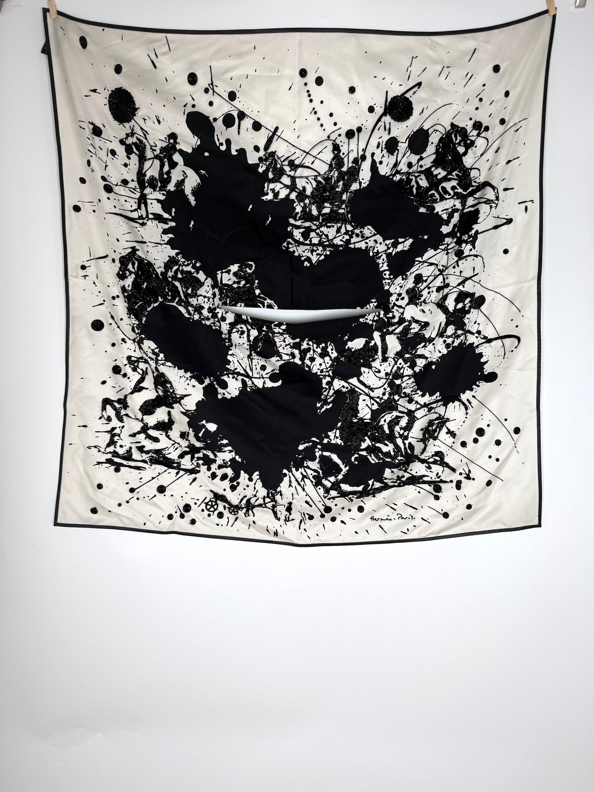 Hermes Cheval Surprise Exceptional Black White Embroidered Dossard Silk Scarf Cover 90 New