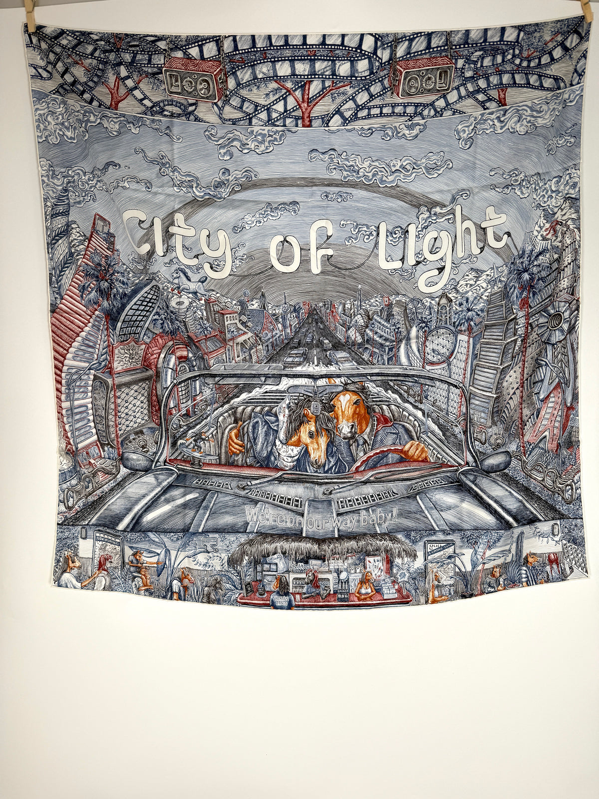 HERMES City of Light Square 90 cm Ardoise Blanc Rouge H Silk Scarf