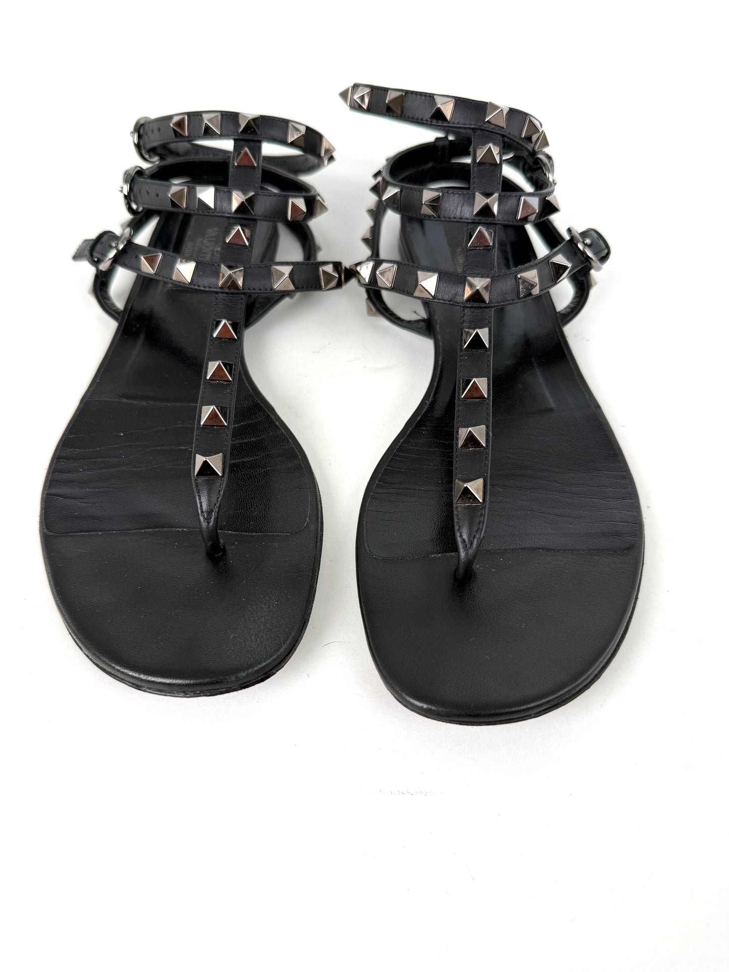 Valentino So Black Noir Rockstud Leather T Strap Sandals 38, 8